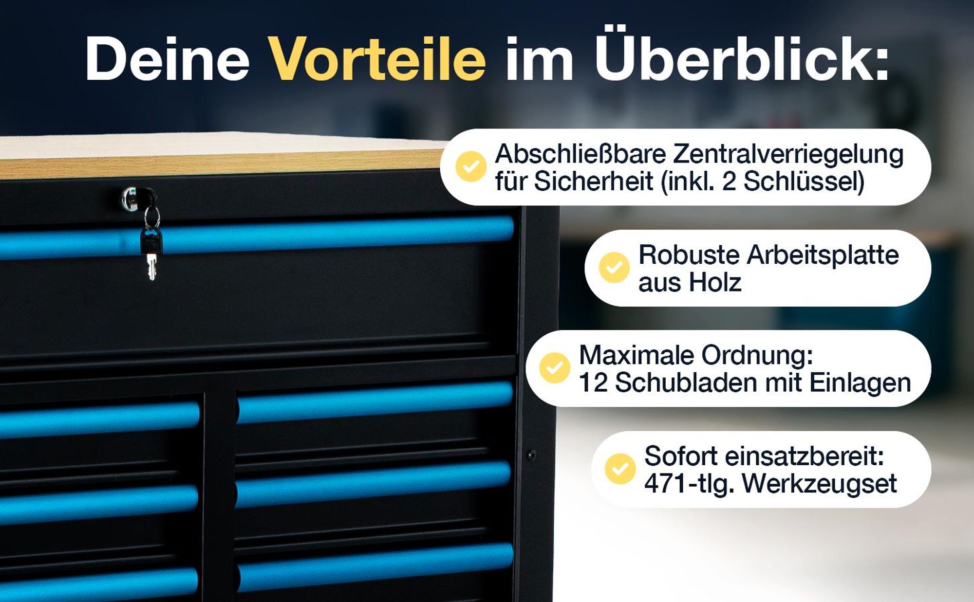 Werkzeugwagen XXL inkl. 471 tlg. Werkzeug, 12 Schubladen mit Holzplatte