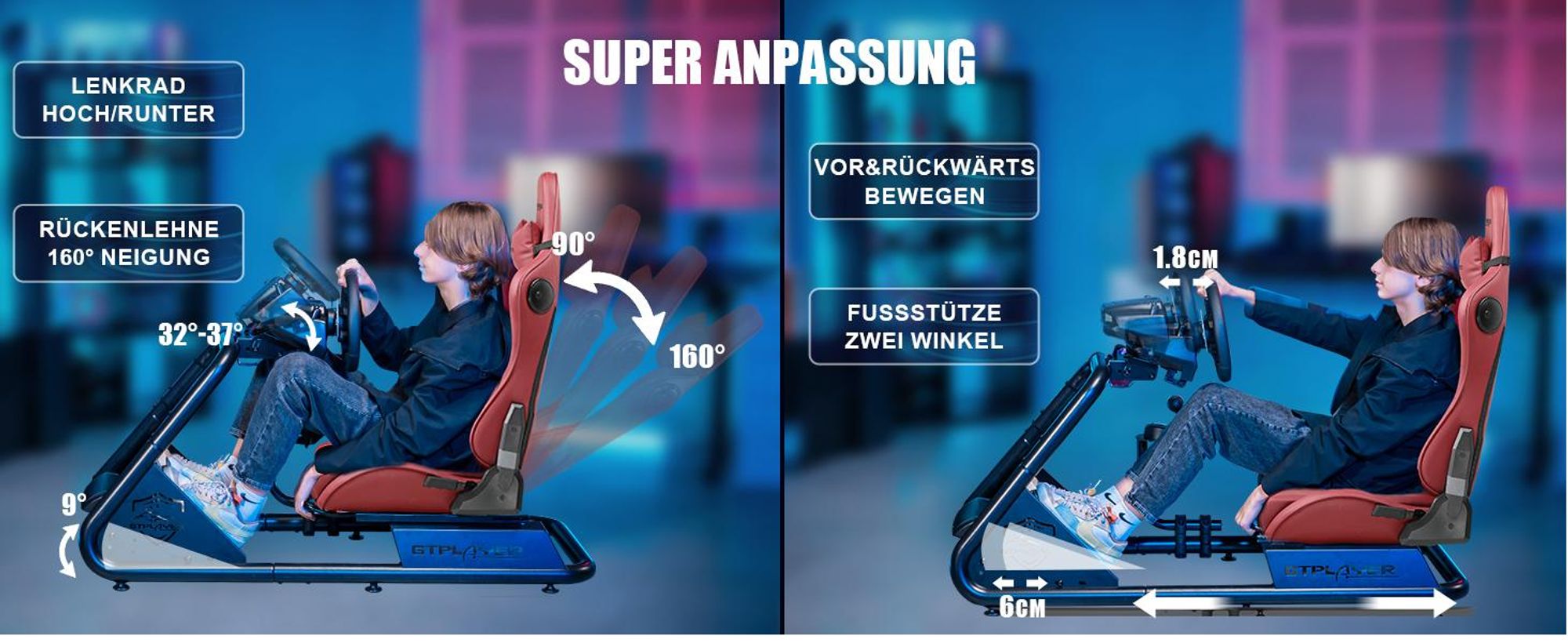 GTPLAYER Simulator Cockpit, SIM racing Cockpit, rennsimulator lenkradständer Gamingstuhl racing wheel stand mit Bluetooth-Lautsprecher und Pedalablage