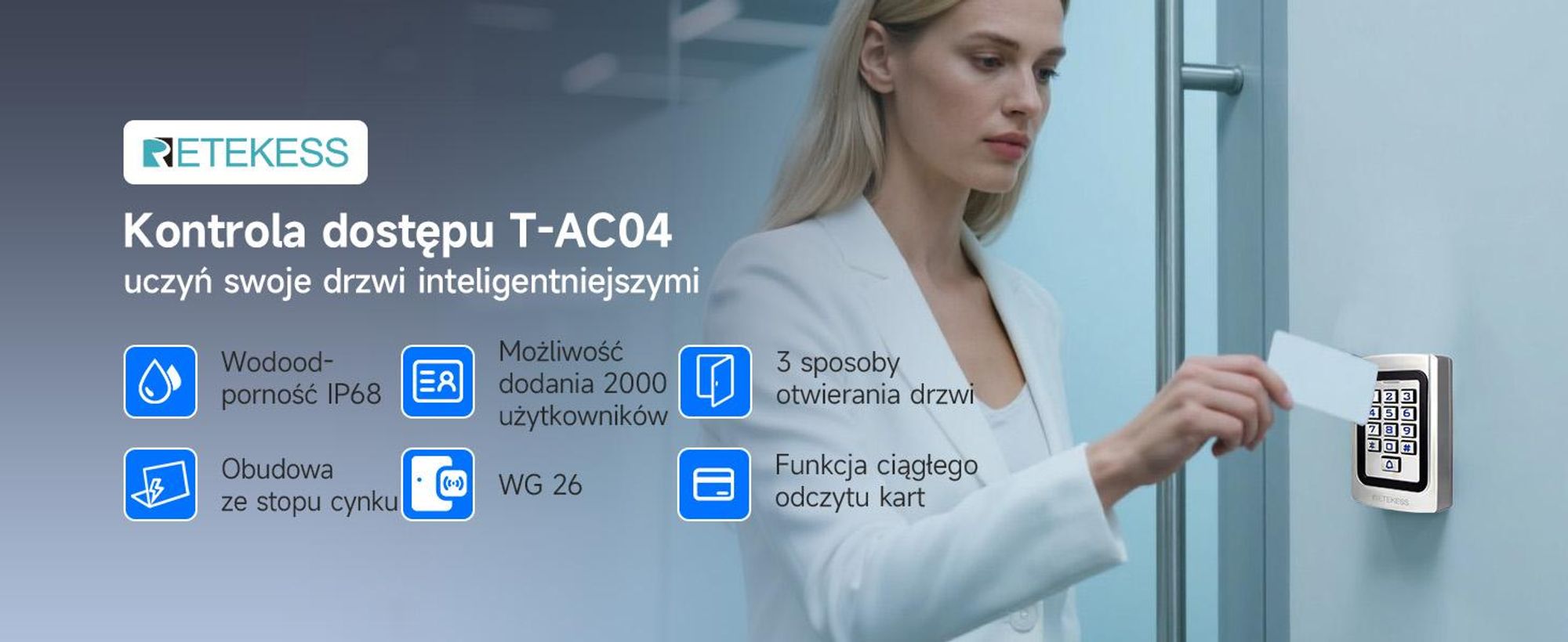 Retekess T-AC04 Inteligentna blokada drzwi IP68 System dostępu PIN 125KHz RFID Wodoodporny, podświetlany, antykradzieżowy, odpowiedni do sklepów mieszkalnych