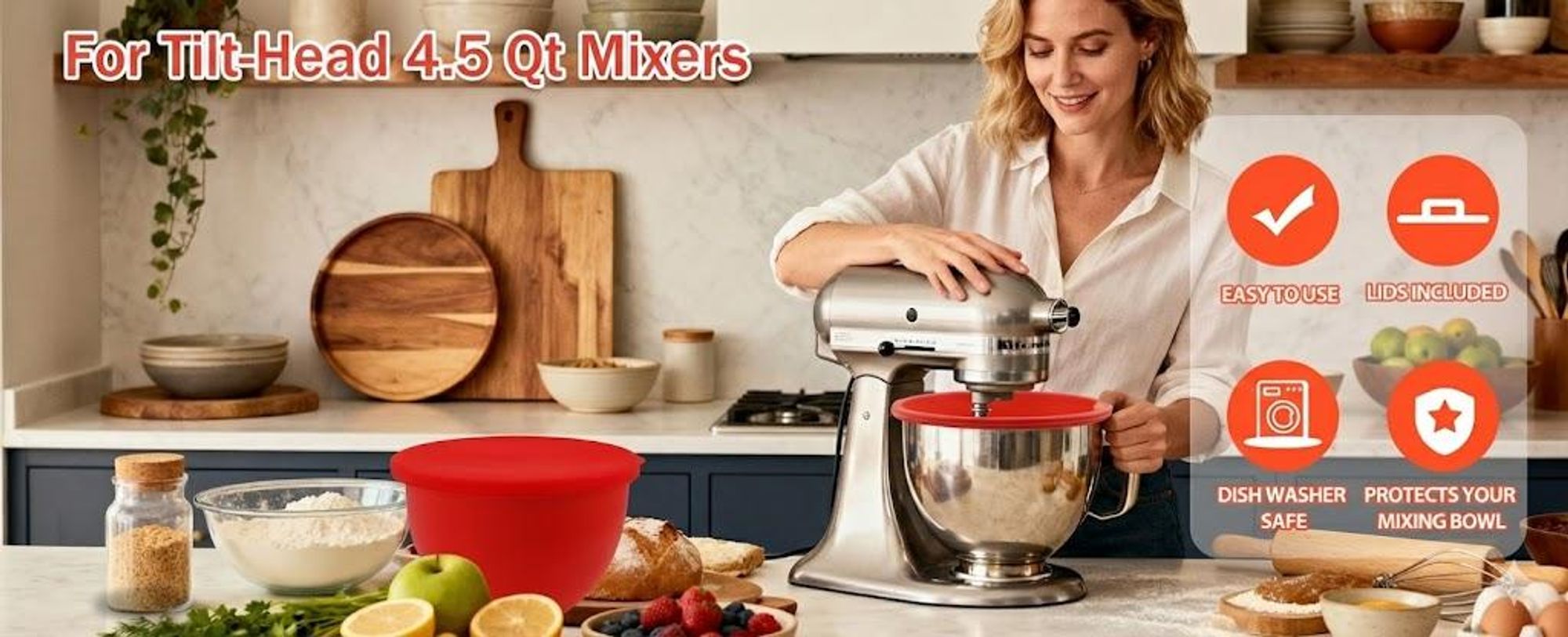 Silikoneinsatz für Kitchenaid, Silikonschüssel Zubehör für 4,5 Quart Küchenmaschine, Rührschüssel-Einsatz mit Deckel, Rutschfestes & Hitzebeständiges