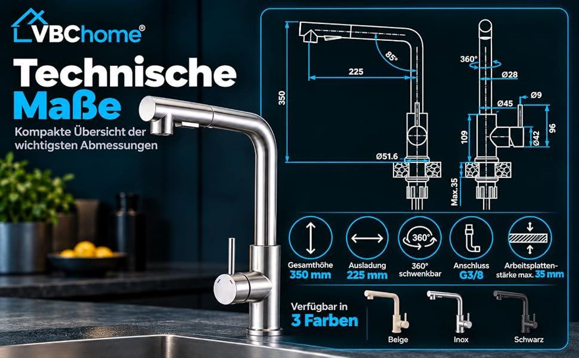 VBChome Küchenarmatur Beige mit ausziehbarer Brause 360° schwenkbar 2 Strahlarten Keramikkartusche Einhebelmischer Spültischarmatur Höhe 330 mm