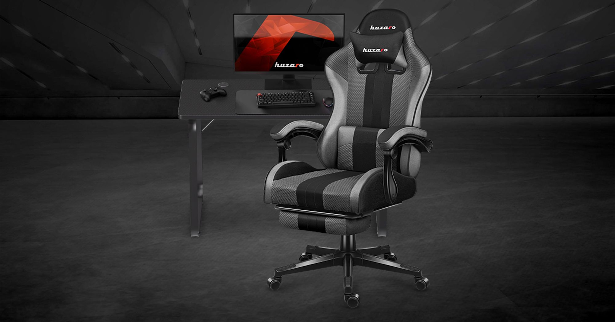 Huzaro Force 4.7 | Gaming Stuhl Bürostuhl Computerstuhl PC Chair | 90-140° Neigungswinkel Kopfstütze Lendenkissen Fußstütze Stoff | Grau