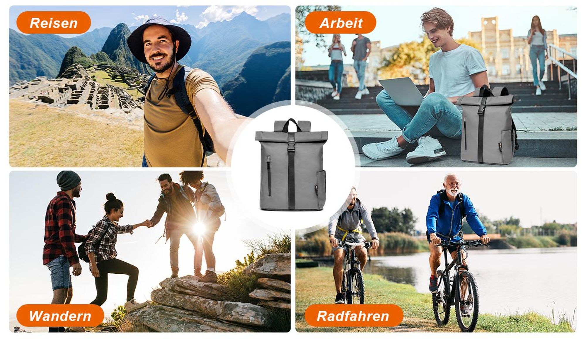 7MAGIC RollTop Rucksack 20L-25L, Laptoptasche 15,6 Zoll Groß Kapazität Daypack, Schulrucksack Backpack Fahrradrucksack Freizeitrucksack für Uni Schule Reisen Job, Grau