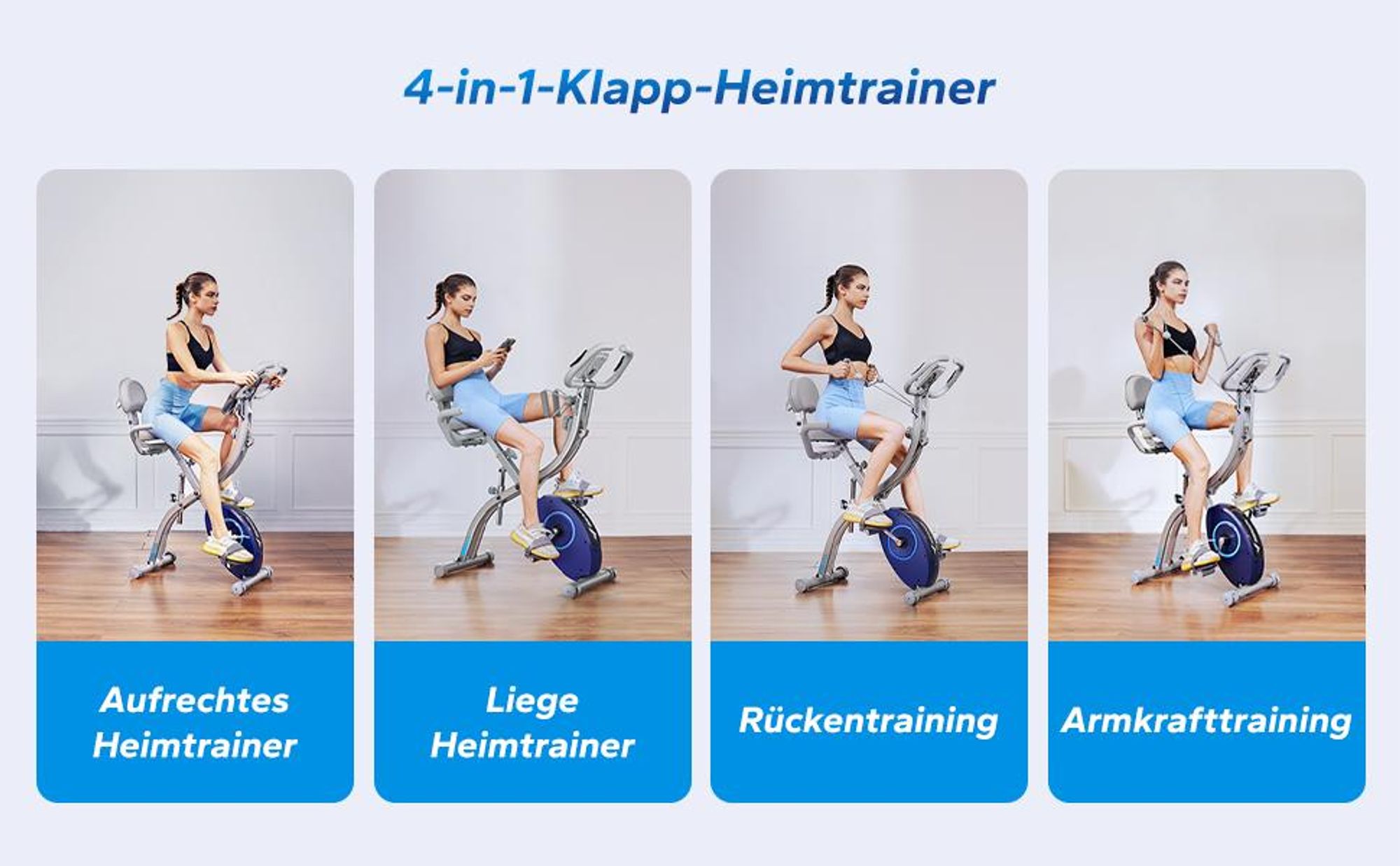4-in-1 klappbarer Heimtrainer für Zuhause– magnetischer Ergometer mit 16 Stufen, LCD & Pulsmessung, Tabletständer, kompatibel Kinomap, bis 136 kg