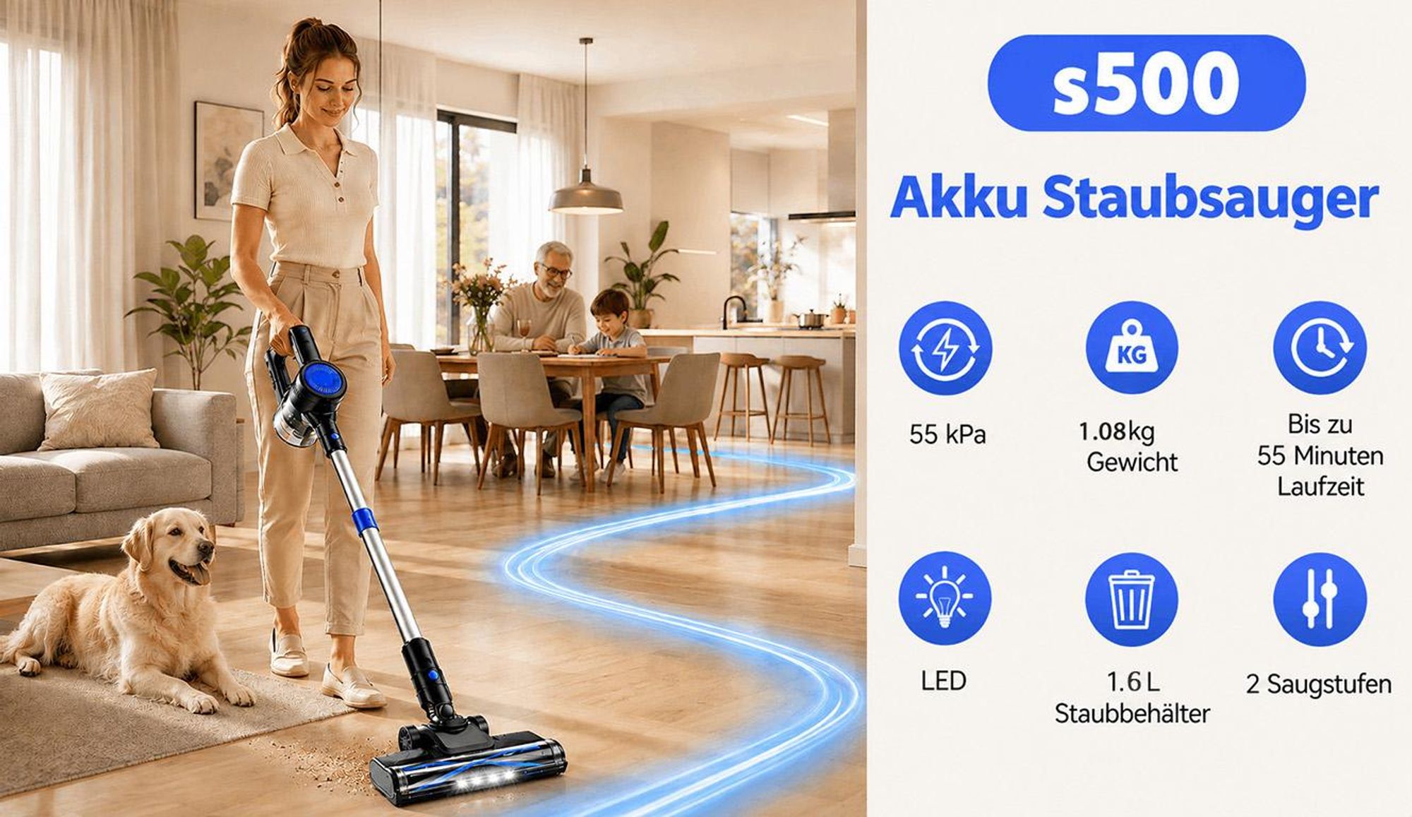 Akku Staubsauger, Staubsauger Kabellos,Kabelloser Staubsauger, 5 in1 Akkustaubsauger Bürstenloser Motor 55min, für tierhaare, 4HEPA