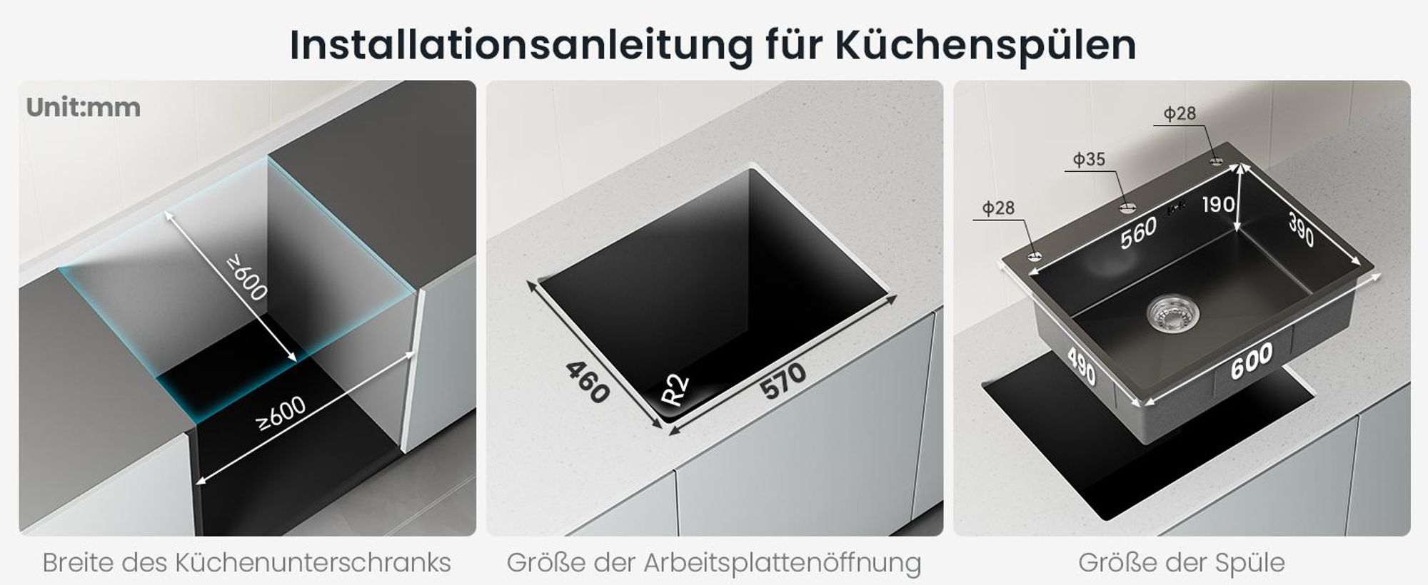 Edelstahlspüle 60x49 cm Küchenspüle mit Korb & Seifenspender, Cecipa ,kratzfest & pflegeleicht Einbauspüle Spülbecken Schwarz, 304 Edelstahl