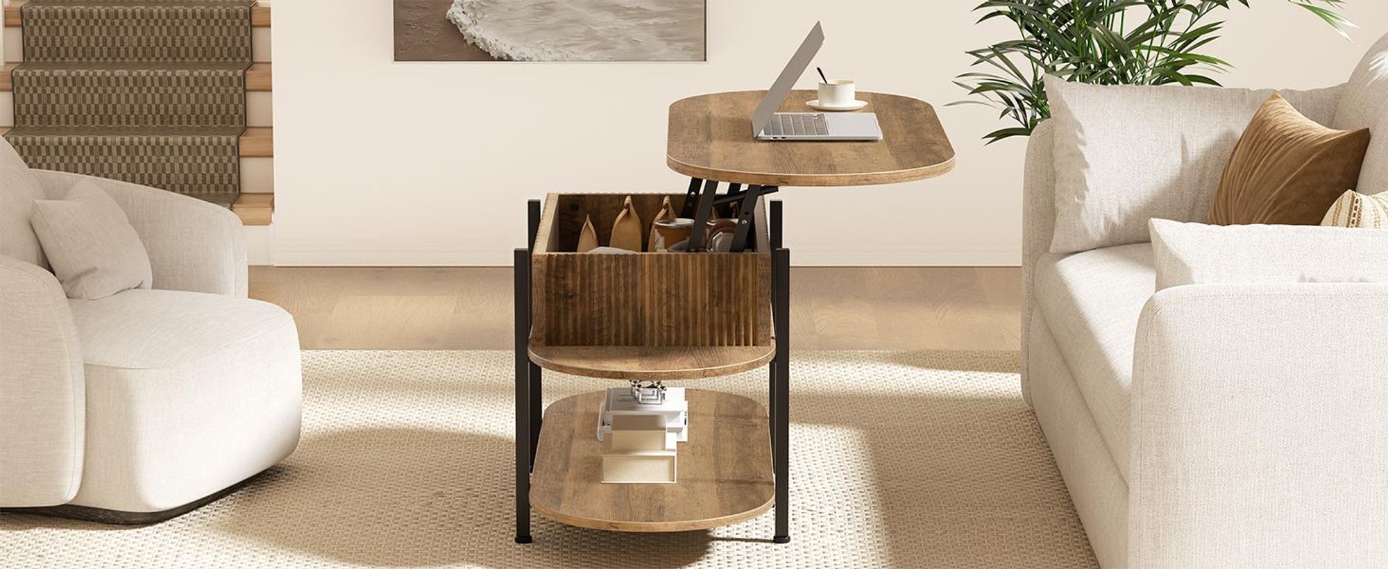 FABATO Couchtisch oval, höhenverstellbar mit verstecktem Stauraum, 3-Etagen-Design im Vintage-Eichen-Look