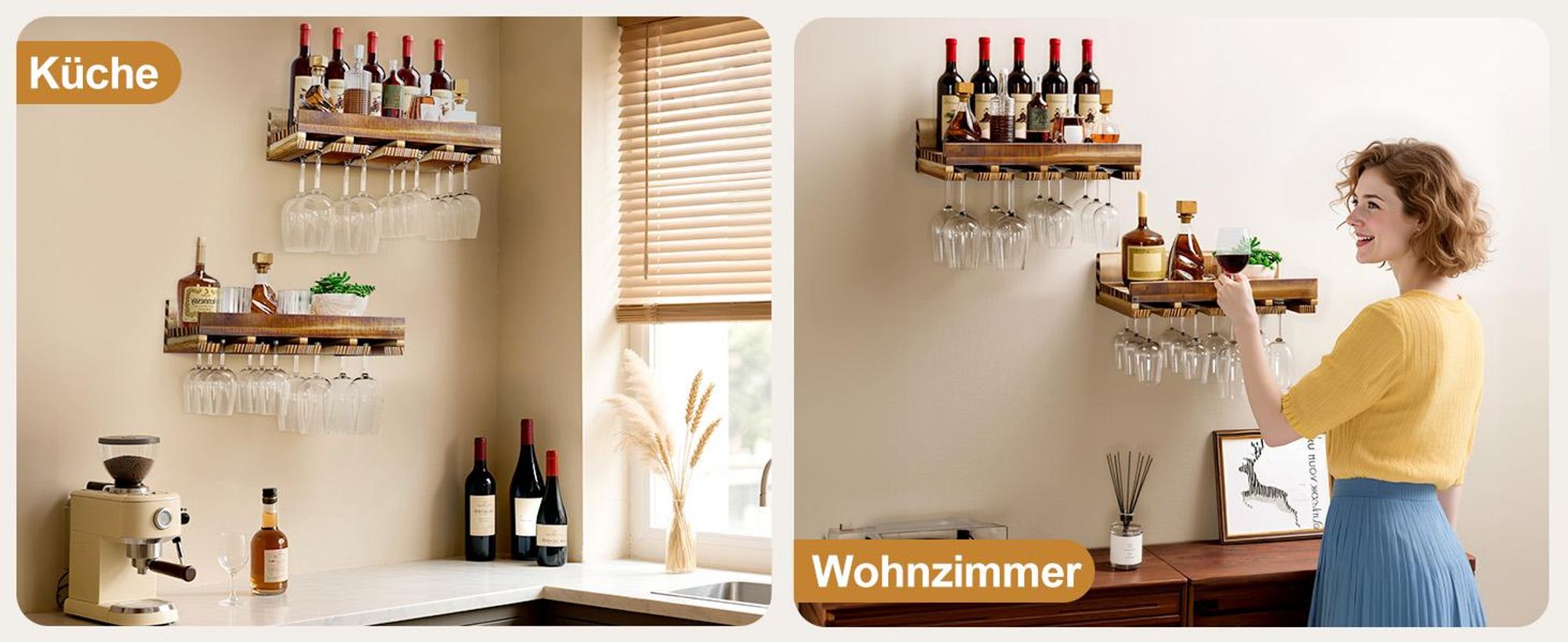 Yorbay 2-tlg Weinregal Set, Weinregal aus Holz Wandmontiertes Weinregal Wandregal für Flaschen & Gläser