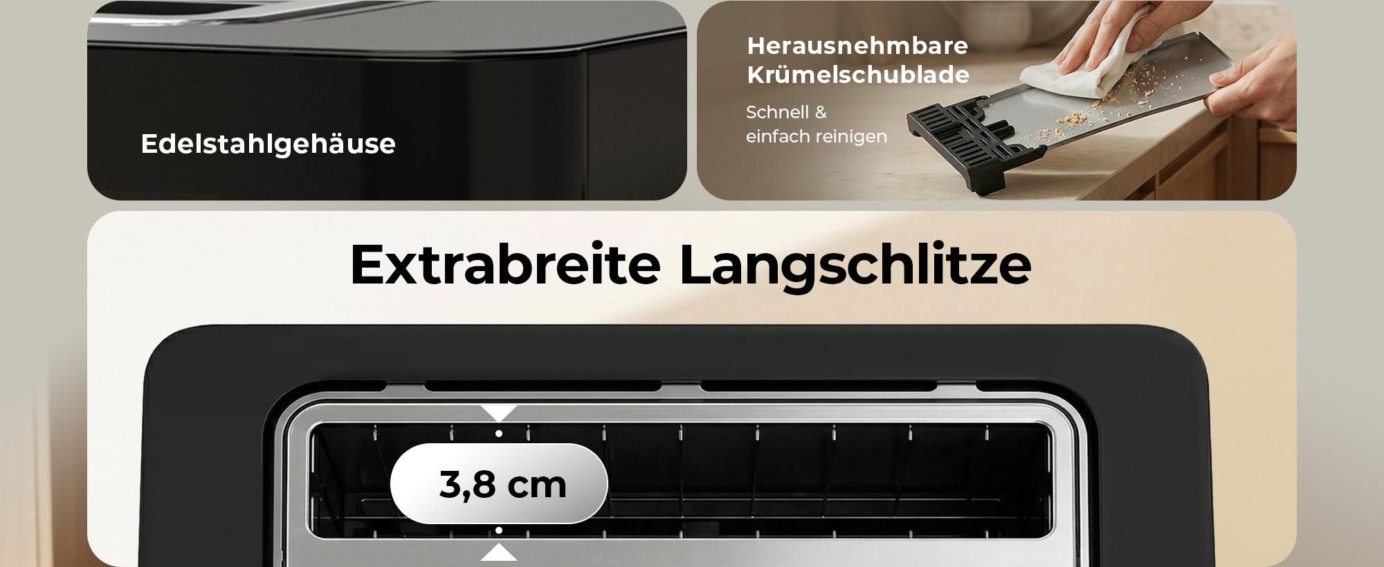 Balter Toaster 4 Scheiben, Edelstahl, Langschlitztoaster mit Brötchenaufsatz, 1500W, LCD Display, Defrost-/Aufwärmfunktion, Krümelschublade, Schwarz
