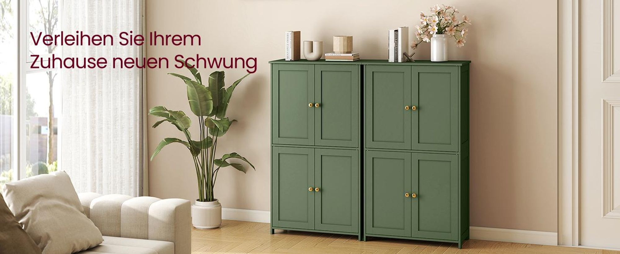 VASAGLE Badschrank mit 4 Türen, Badezimmerschrank mit höhenverstellbaren Einlegeböden, Shaker-Stil, grün