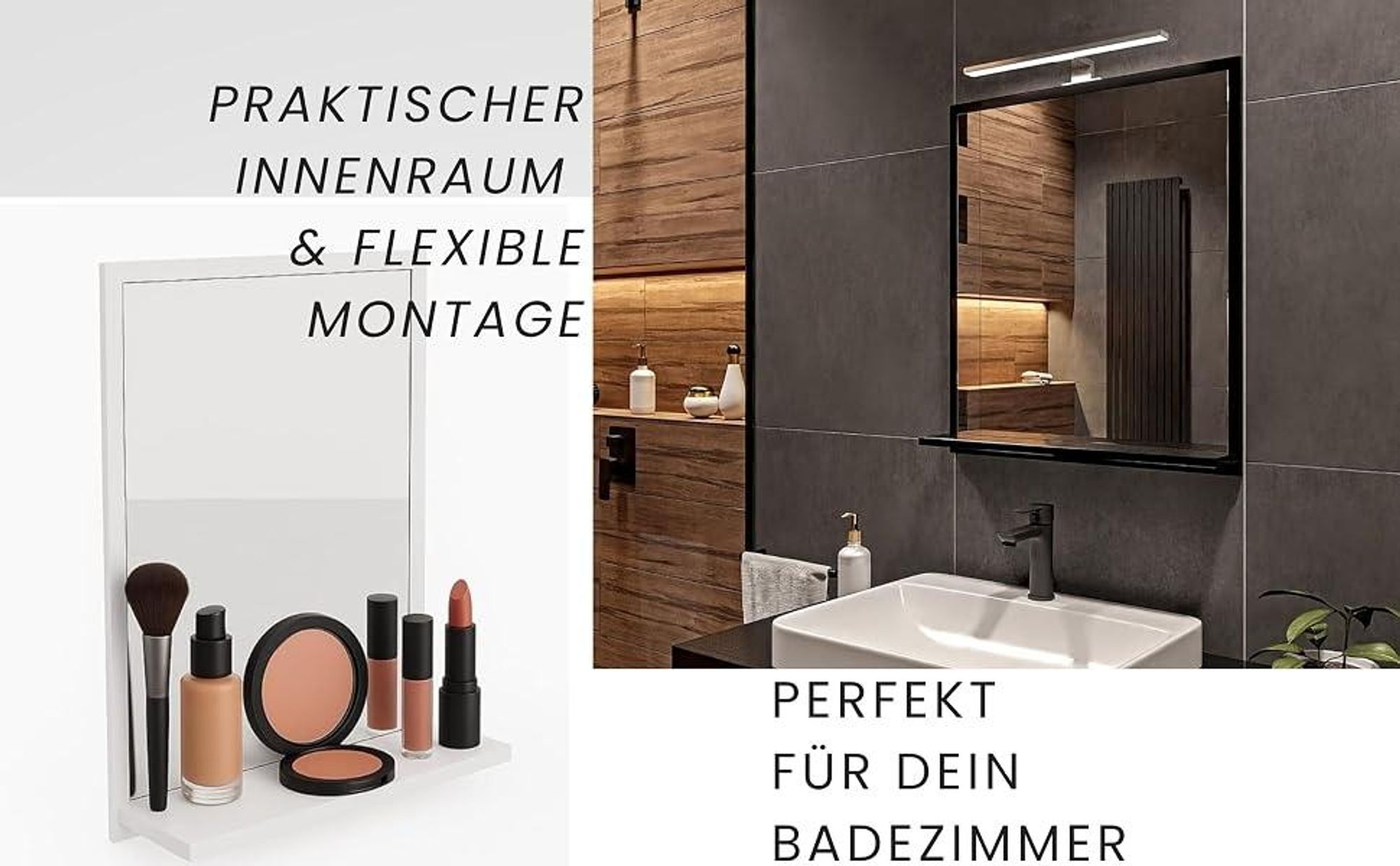 HAJDUK FURNITURE Badspiegel mit Beleuchtung 4000 K IP44 Schwarz H:70 x B:60 cm - Bathroom Mirror - Badezimmer Spiegel Rechteckig mit Ablage und LED