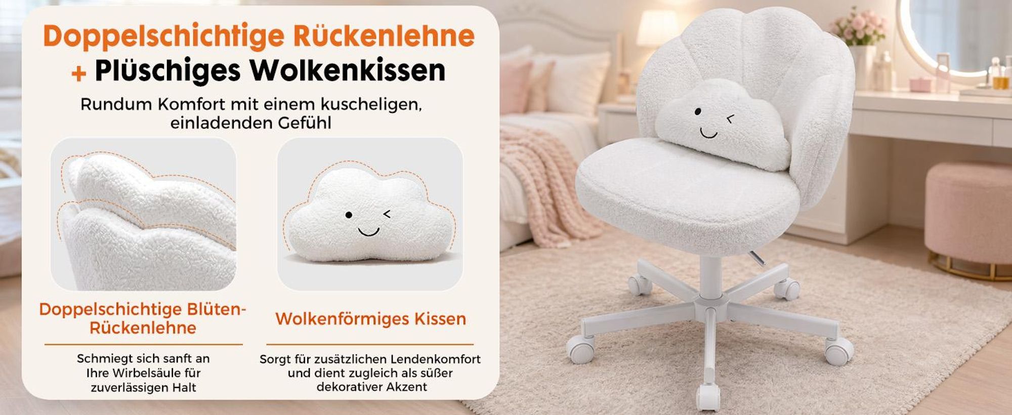 COMHOMA Bürostuhl Schreibtischstuhl, Schminkstuhl mit Rollen Doppelter Rückenlehne und Wolkenkissen, Höhenverstellbarer Drehstuhl, Teddystoff, Weiß