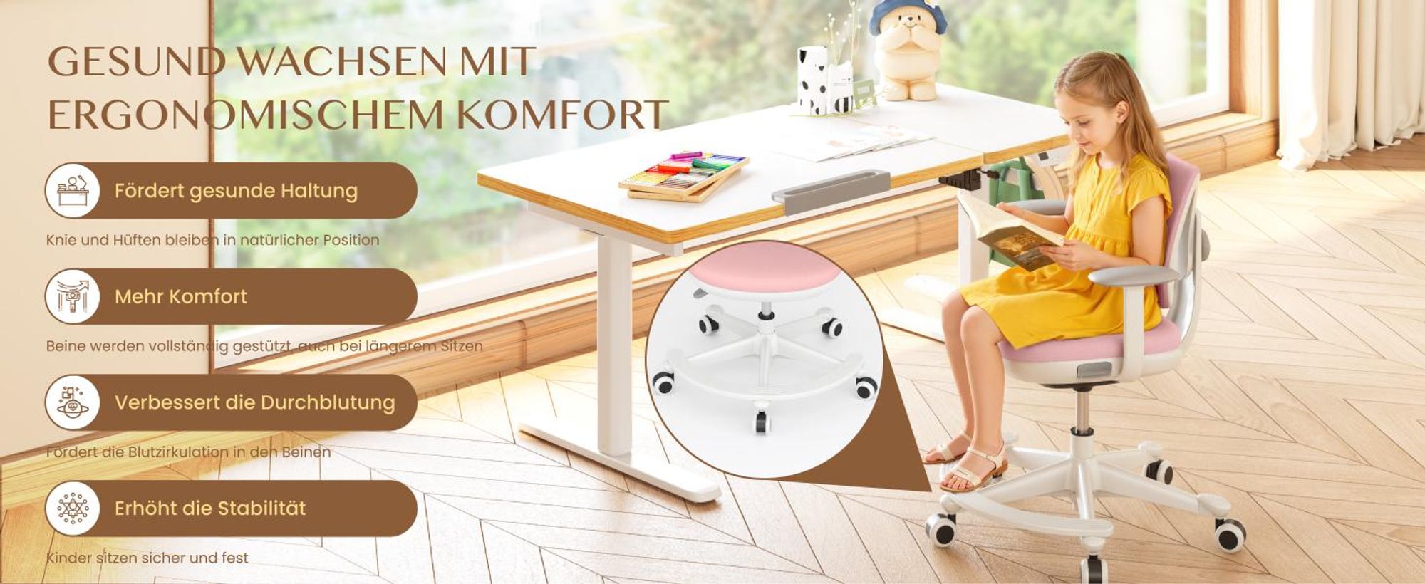 FLEXISPOT Kinderschreibtisch und Stuhl Set, Elektrisch höhenverstellbar, Neigbare Tischplatte, 3 Speicherplätze, Kindersicherung, 110x52 cm