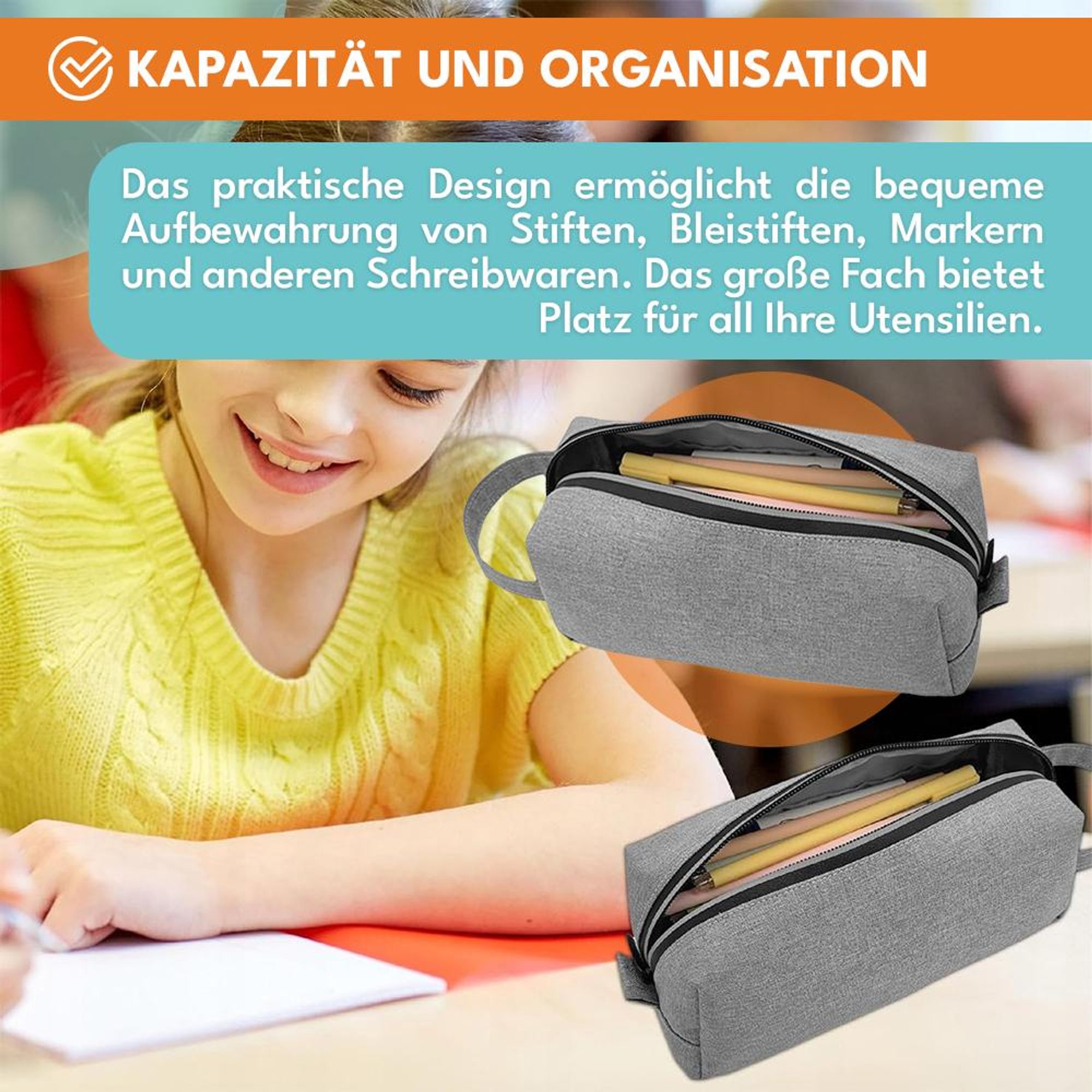KRUMAD Federmäppchen Schule, Robuste Schlamppermäppchen aus Stoff, Vielseitiges Etui für Stifte oder Schrein, Leicht & Wasserabweisend, Grau