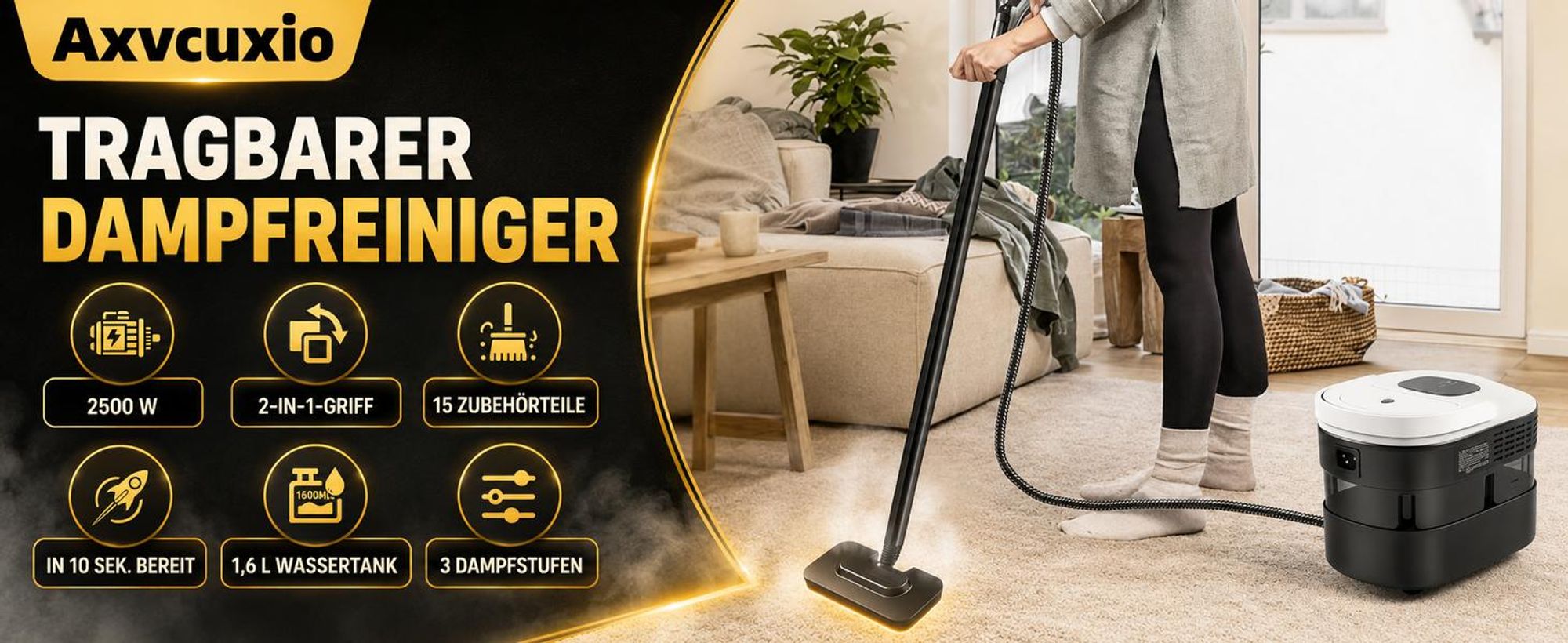 2500W Tragbarer Dampfreiniger, 1,6L Wassertank, 3 Dampfstufen am Griff, 15s Aufheizen, Mehrzweck-Dampfreiniger mit 19 Zubehörteilen für Böden und Sofa