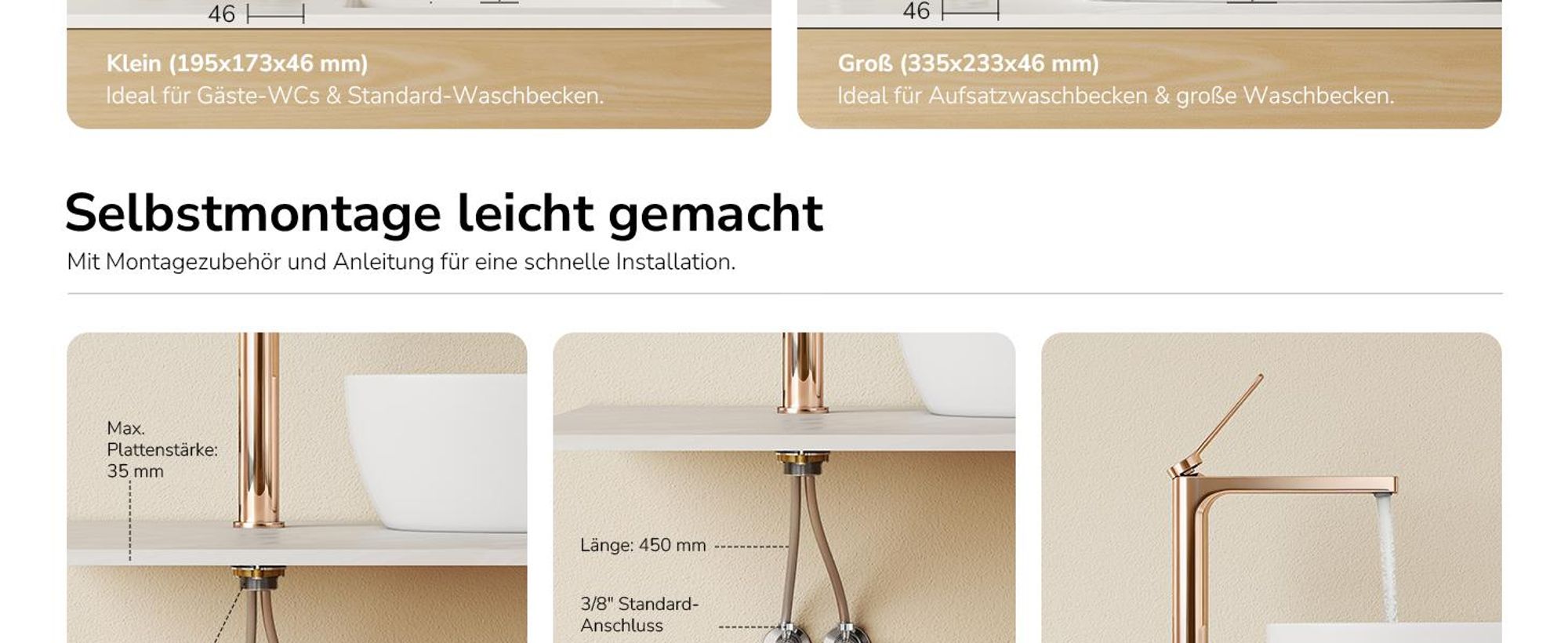 EMKE Wasserhahn Bad Roségold 335x233x46mm, Messing, Keramikkartusche, Badarmatur, Mischbatterie Waschbecken-Armatur, Waschtischarmatur