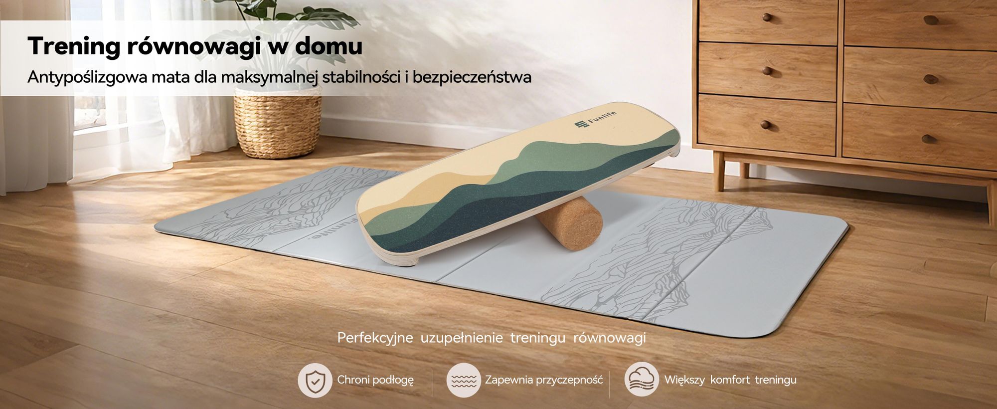 FunLife MOVE Deska równoważna z drewnianą podstawą i kółkiem – profesjonalny trenażer równowagi z 3-stopniowym systemem równowagi, trening mięśni tułowia, fitness i stabilność, do 150 kg