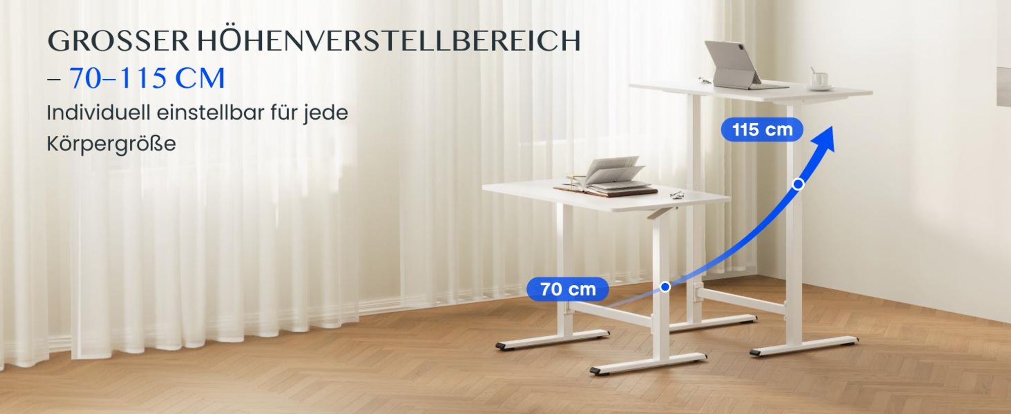 FLEXISPOT Gasfeder Höhenverstellbarer Schreibtisch 100×60 cm – stufenlos manuell verstellbar, Steh-Sitz-Tisch ohne Strom, mobil mit Rollen (Weiß)