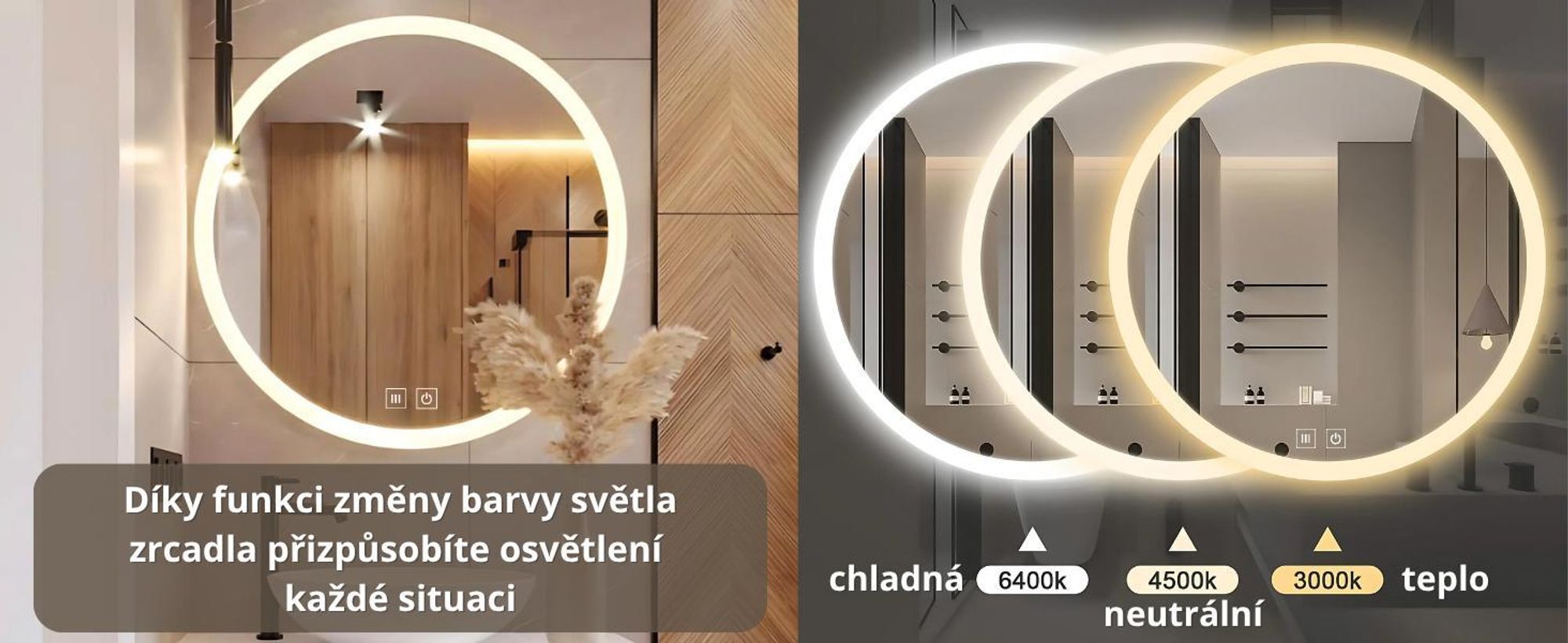 Kulaté LED zrcadlo do koupelny, 80 cm – s ochranou proti zamlžování, 3 barvy světla (CCT), plynule stmívatelné, dotykový senzor, IP44, moderní bezrámové zrcadlo do koupelny