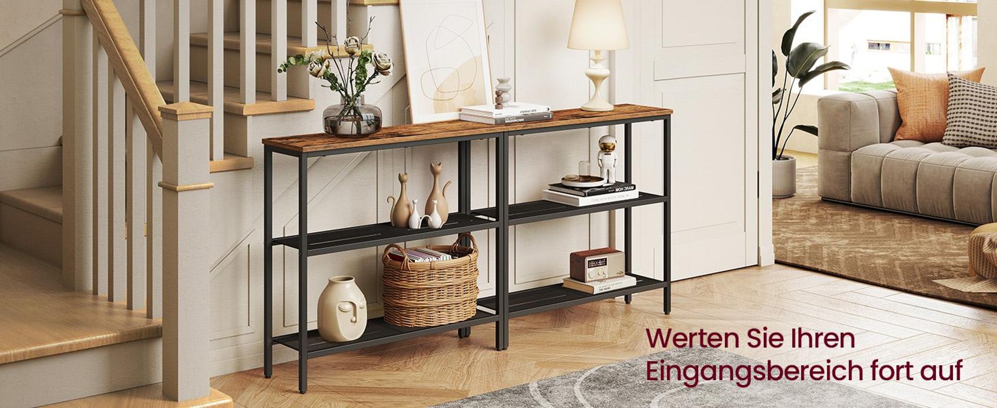 VASAGLE Konsolentisch, schmaler Beistelltisch, einfache Montage, Flur, 2 Gitterablagen, 20 x 80 x 81,2 cm, braun-schwarz