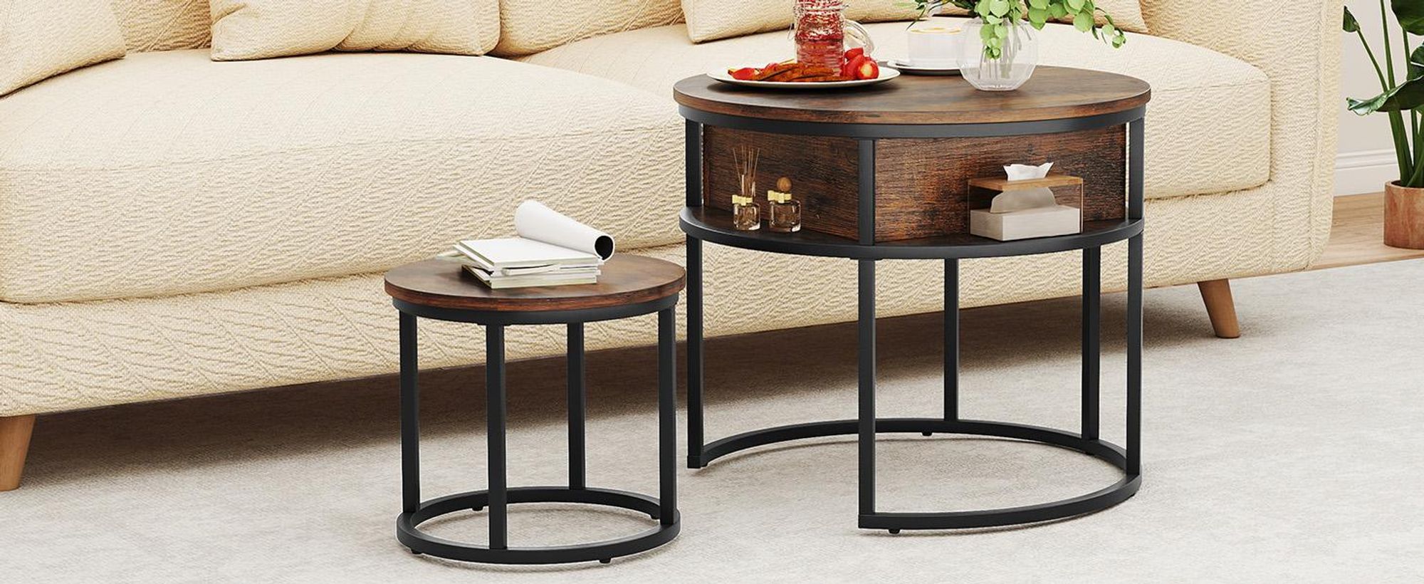2er Set Rund Couchtisch, Höhenverstellbar, Beistelltisch Wohnzimmertisch mit Stauraum, 60cm + 38cm, Braun