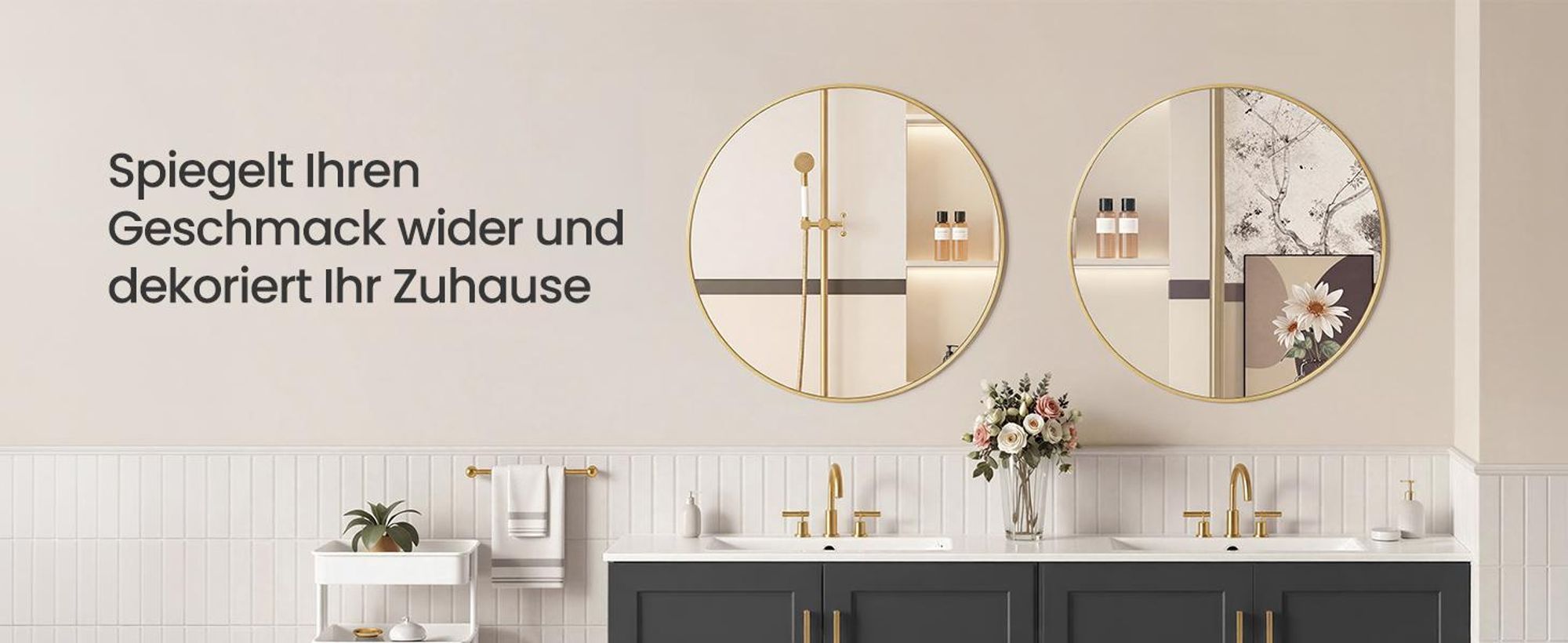 SONGMICS Wandspiegel, Spiegel rund, Metallrahmen, 50 cm d, für Bad, Wohnzimmer, Schlafzimmer, Flur, gold