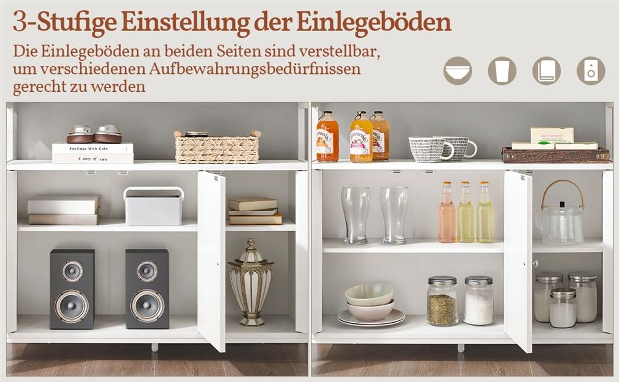 Yaheetech Küchenschrank Sideboard mit 3 Türen & offenen Regalen, 100×35×81cm, verstellbare Ablage, Buffetschrank Aufbewahrungsschrank, Weiß