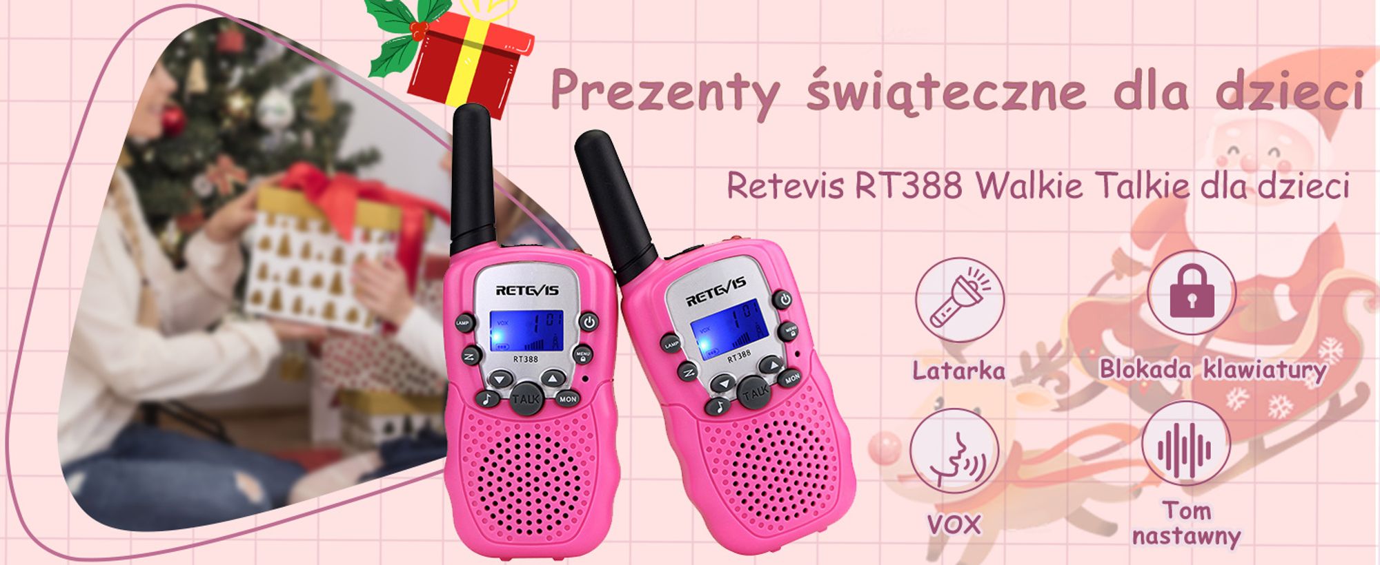 Retevis RT388 Walkie Talkie, prezent dla dzieci w wieku od 4 do 12 lat, z latarką VOX, DCS/CTCSS, radio dalekiego zasięgu do gier kempingowych