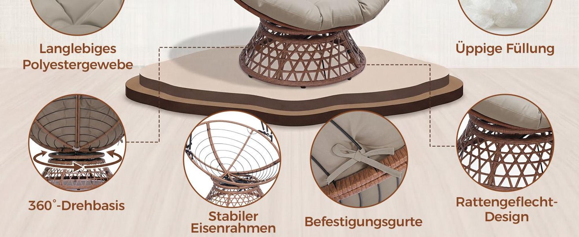COMHOMA Papasansessel, gemütlicher Drehsessel mit Kissen rund, bequemer Rattansessel, Loungesessel drehbar, runder Relax Korbsessel Rattan, BRAUN