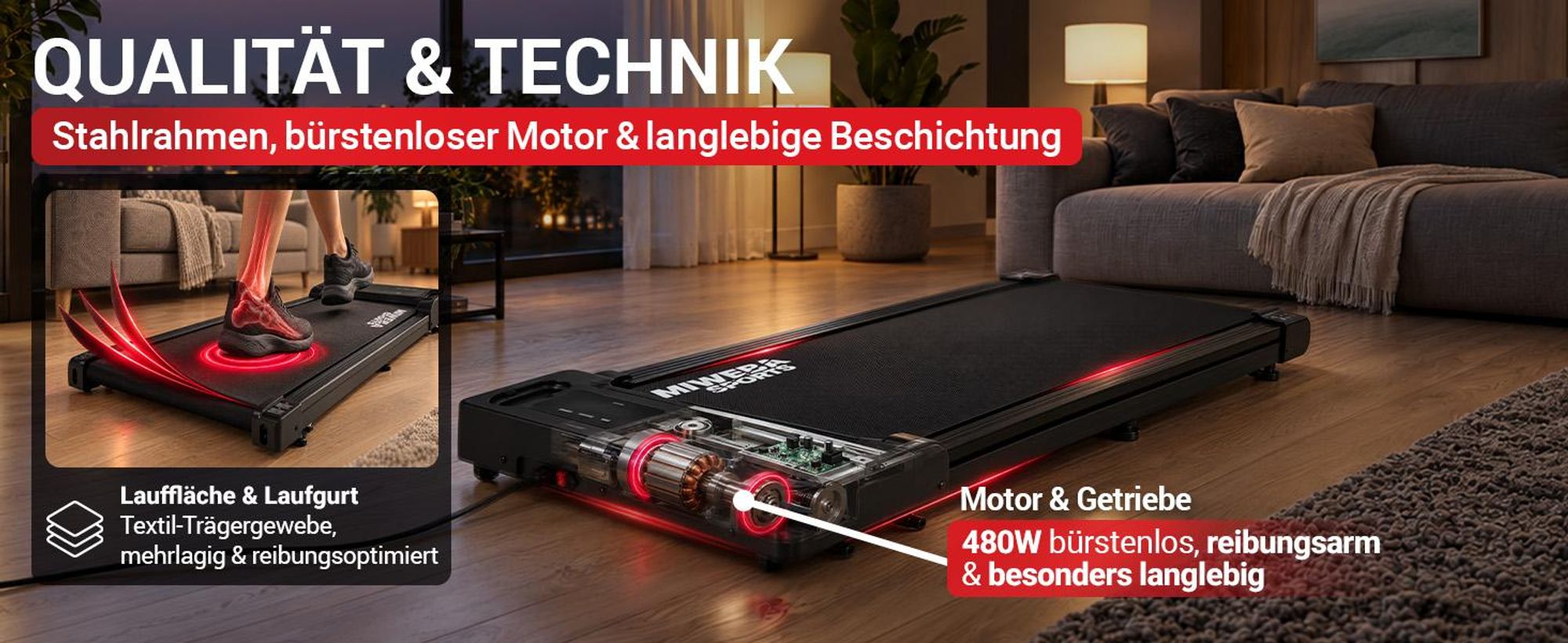 Miweba Sports Walking Pad WP80 | Laufband für Zuhause - Schreibtischlaufband 1-6 km/h - mit Fernbedienung - LED Display - 9 % Steigung - bis 100 kg