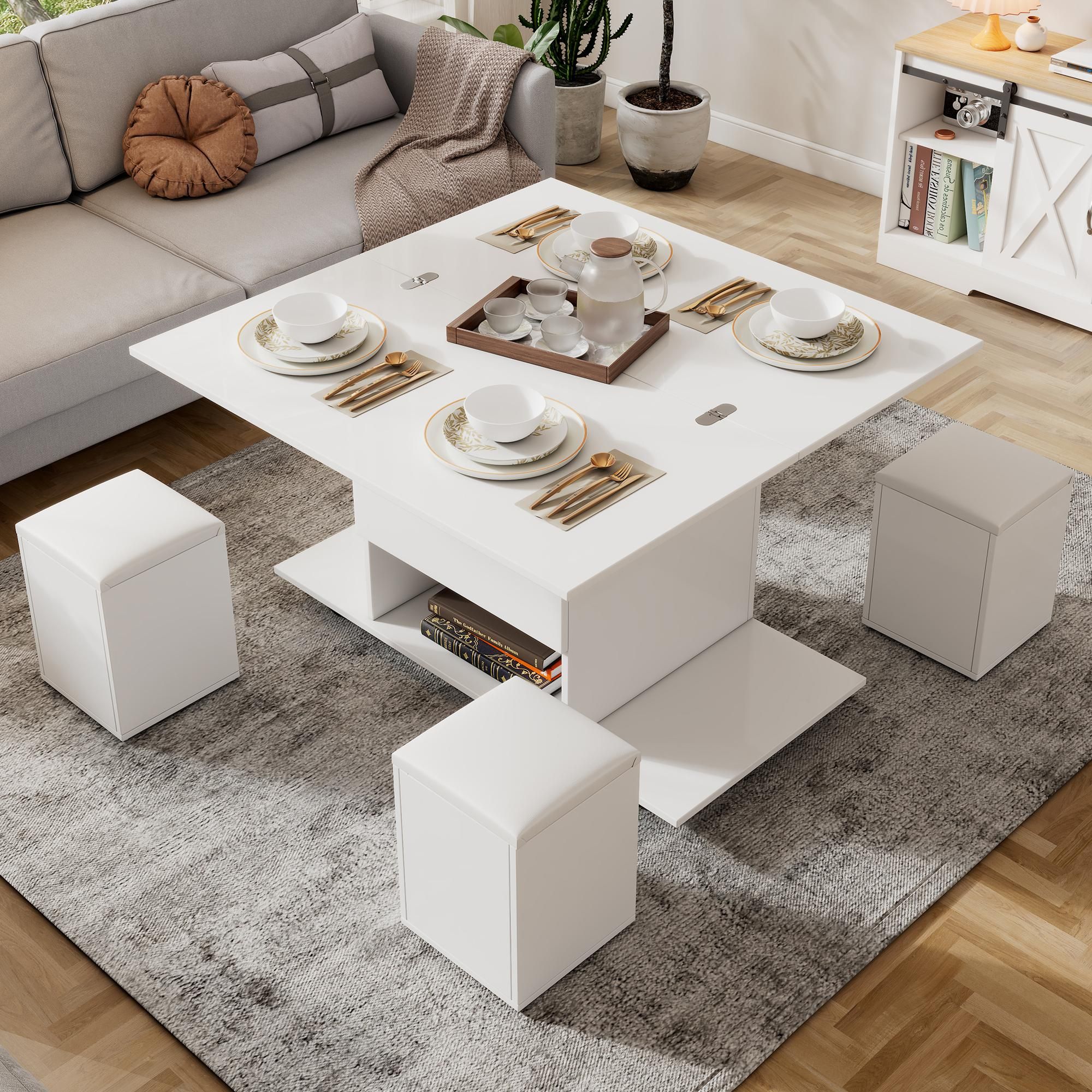 Merax Anhebbarer multifunktionaler Couchtisch mit verstecktem Stauraum, 1 Schublade und 4 Stühlen, Freizeittisch 2-in-1-Design, Weiß