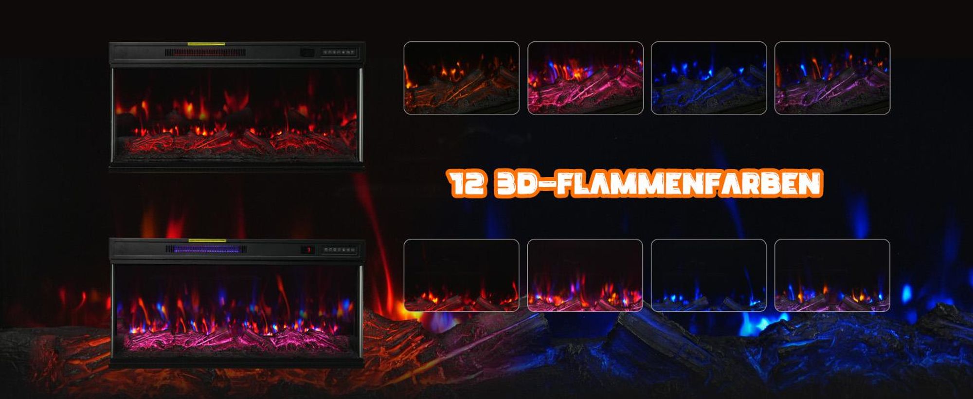 HOMAVO 36-Zoll Elektrokamin mit Heizung - 1000 / 2000W - Stand / Einbaukamin - 3D Flammenfarben - LED & Timer