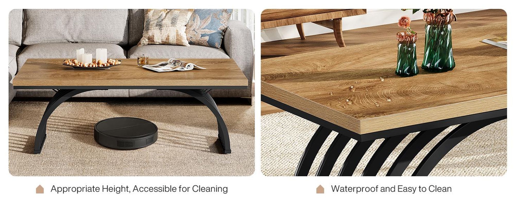 Tribesigns Couchtisch Holz, 120 cm rustikaler rechteckiger Teetisch mit Metallrahmenbeinen Wohnzimmer, Zuhause, einfache Montage, Braun und Schwarz
