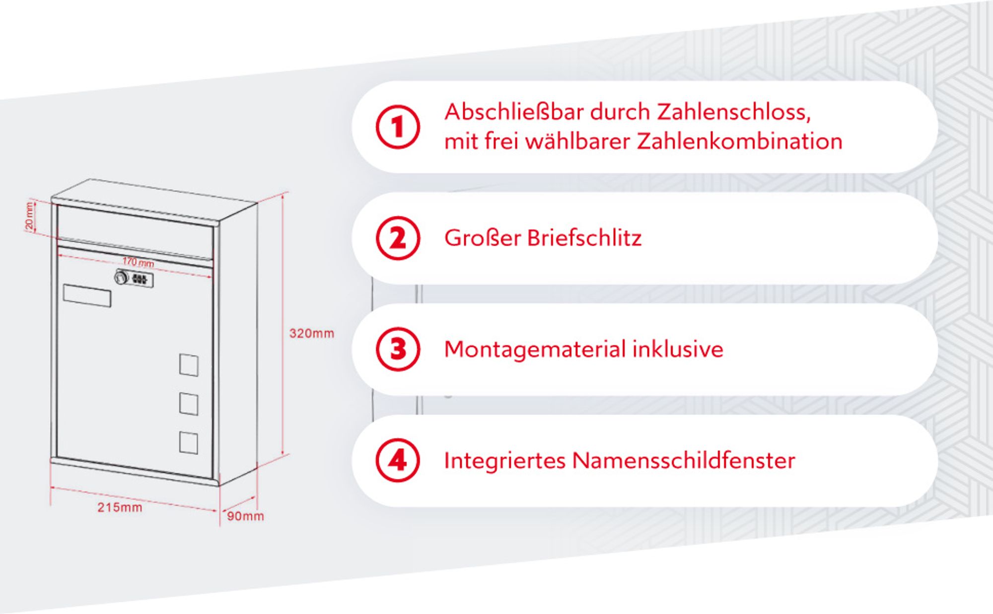 Wiltec Briefkasten schwarz 215x320x90mm Briefkasten mit Zahlenschloss, Namensschild und Sichtfenster Postkasten aus pulverbeschichtetem Stahl