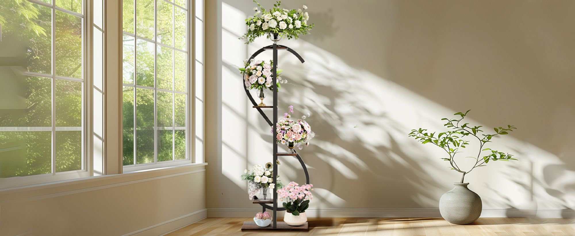 WISFOR Pflanzenständer, 5 Etagen Blumenregal Pflanzenregal, S-förmige Mehrstöckig Blumenständer Pflanzenständer, rustikales Braun, 55 x 26 x 153 cm