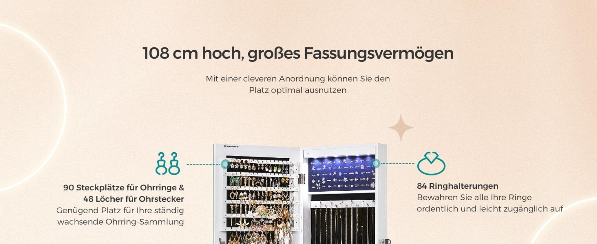SONGMICS Schmuckschrank Spiegelschrank mit LED und Ganzkörperspiegel, weiß