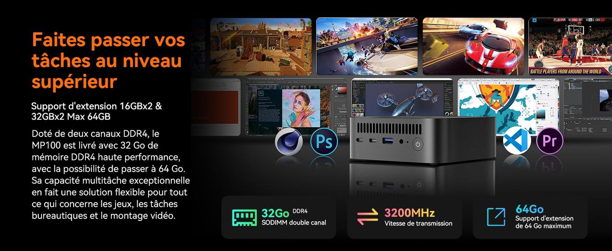 Blackview MP100 Mini PC, processeur Intel i3-1215U jusqu'à 4,4 GHz, 16 Go de RAM DDR5, SSD PCIe 4.0 de 512 Go, résolution 4K à 144 Hz, WiFi 6, ports DP et HDMI, système d'exploitation Windows 11 Pro, livré avec le clavier K1