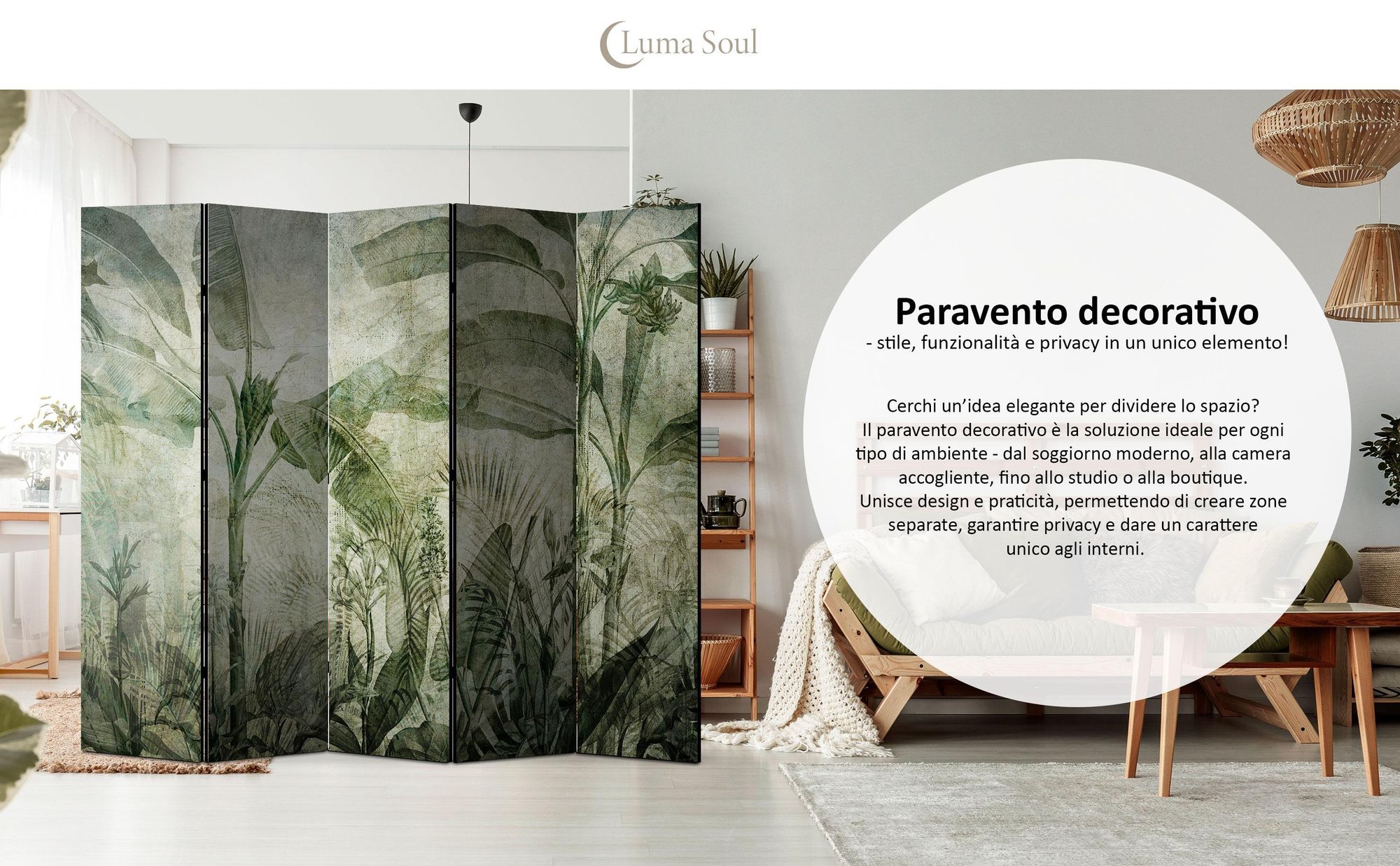 LUMASOUL Paravento su un lato, paravento divisorio per interni, Motivo giapponese, 225x172 cm