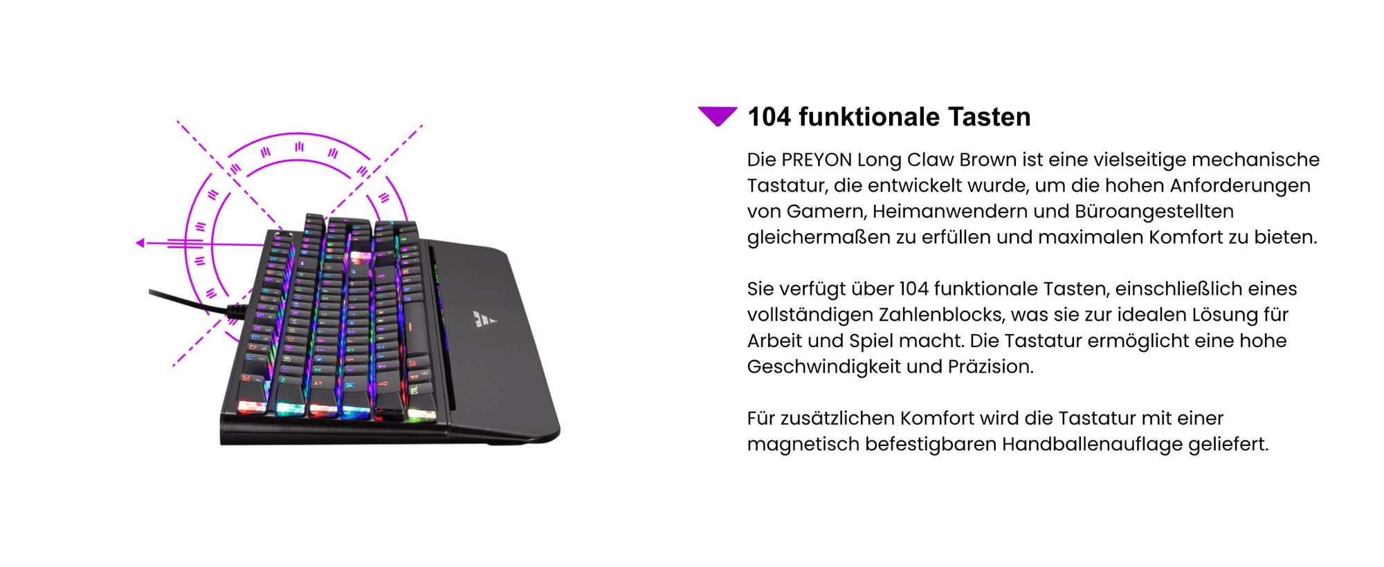 PREYON Long Claw Brown Tastatur Gaming-Tastatur - Handballenauflage - 104 Tasten - Gateron Brown Schalter - Aluminiumgehäuse - RGB-Beleuchtung - Beleuchtungsmodus - Software - USB-Durchgangsanschluss