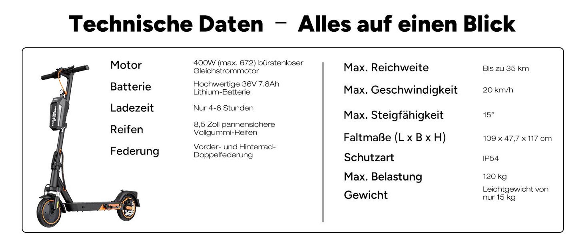 MEGA MOTION E-Scooter mit Straßenzulassung, Elektroroller mit 400W Motor, APP, max Speed 20KM/H, 7,8AH Batterie, 15KG Gewicht, faltbar, Duales Bremsen