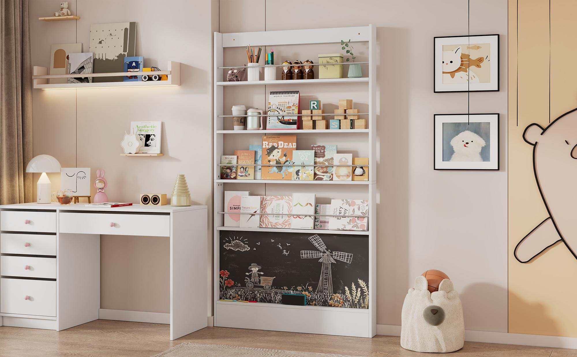Merax Bücherregal für Kinder, Büchergestell, Zeitungsständer, mit 4-ebiges Aufbewahrungsregal, Bemalbares Tafel, Kinderzimmer Möbel, 180cm H, Weiß