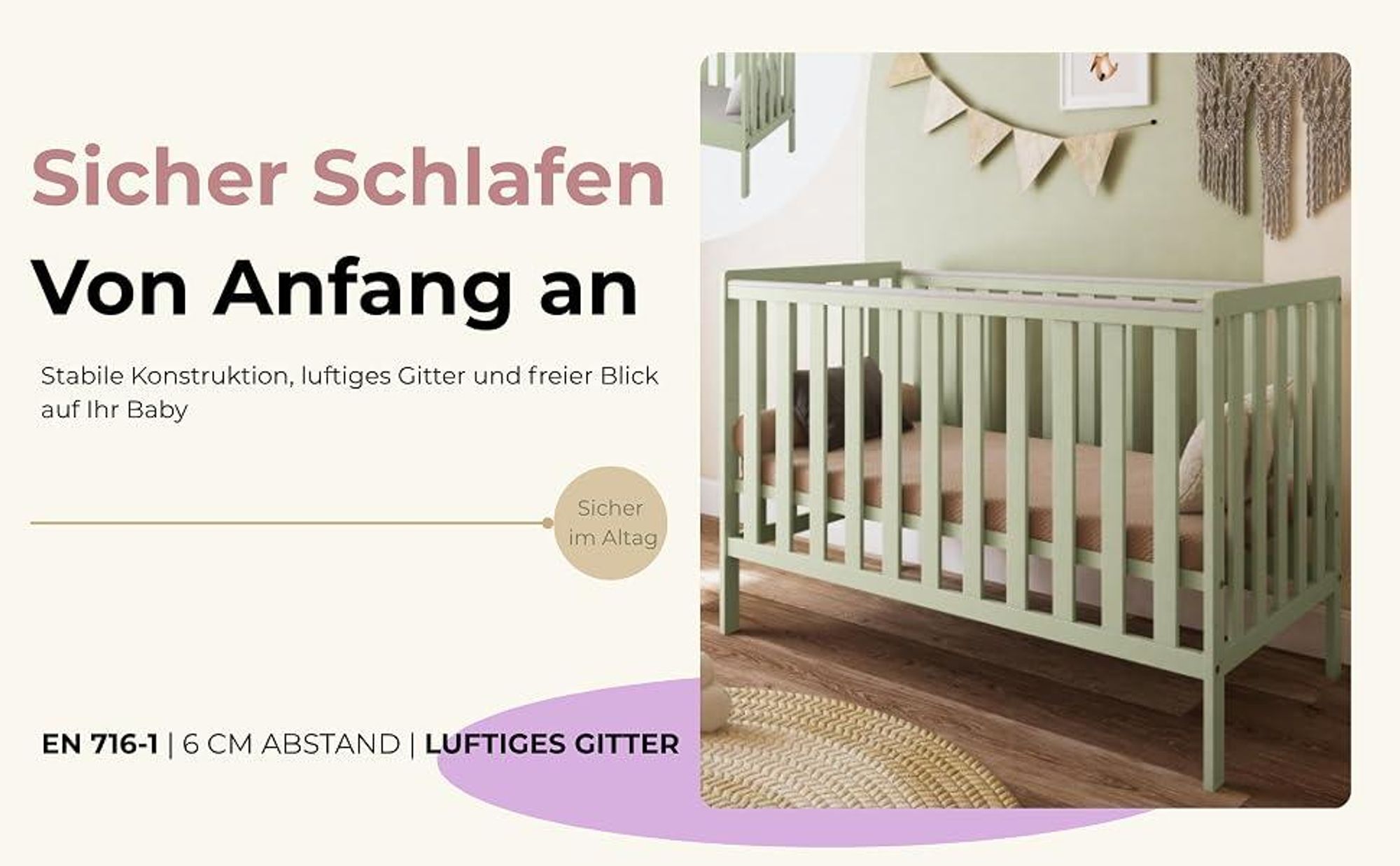 ZEE BAMBI Mint Babybett Set 120x60 cm mit Barriere + Wickelkommode LOFT mit Wickeltisch Höhenverstellbar Kinderbett mit Beißschutz