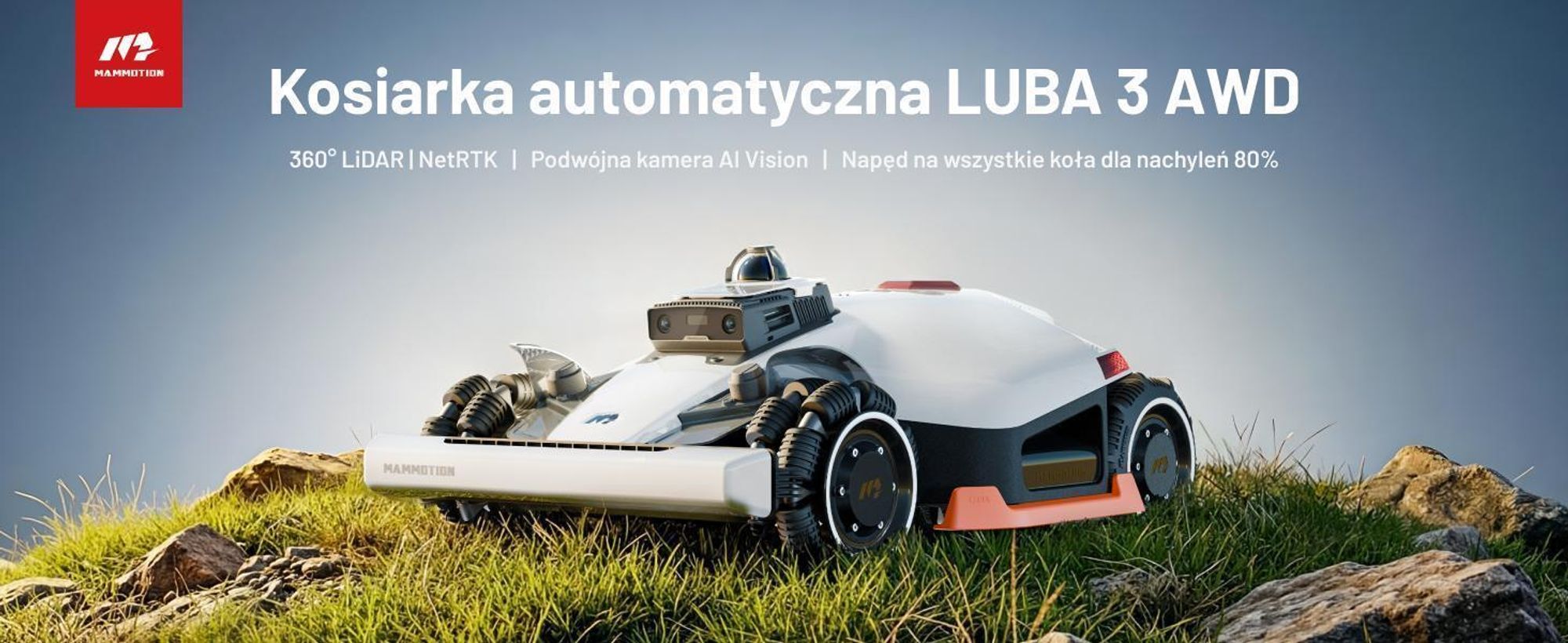Robot koszący Mammotion LUBA 3 AWD 5000 z garażem, do 5000 m², napęd na wszystkie koła, nachylenie 80%, automatyczne mapowanie, moduł 4G, APP