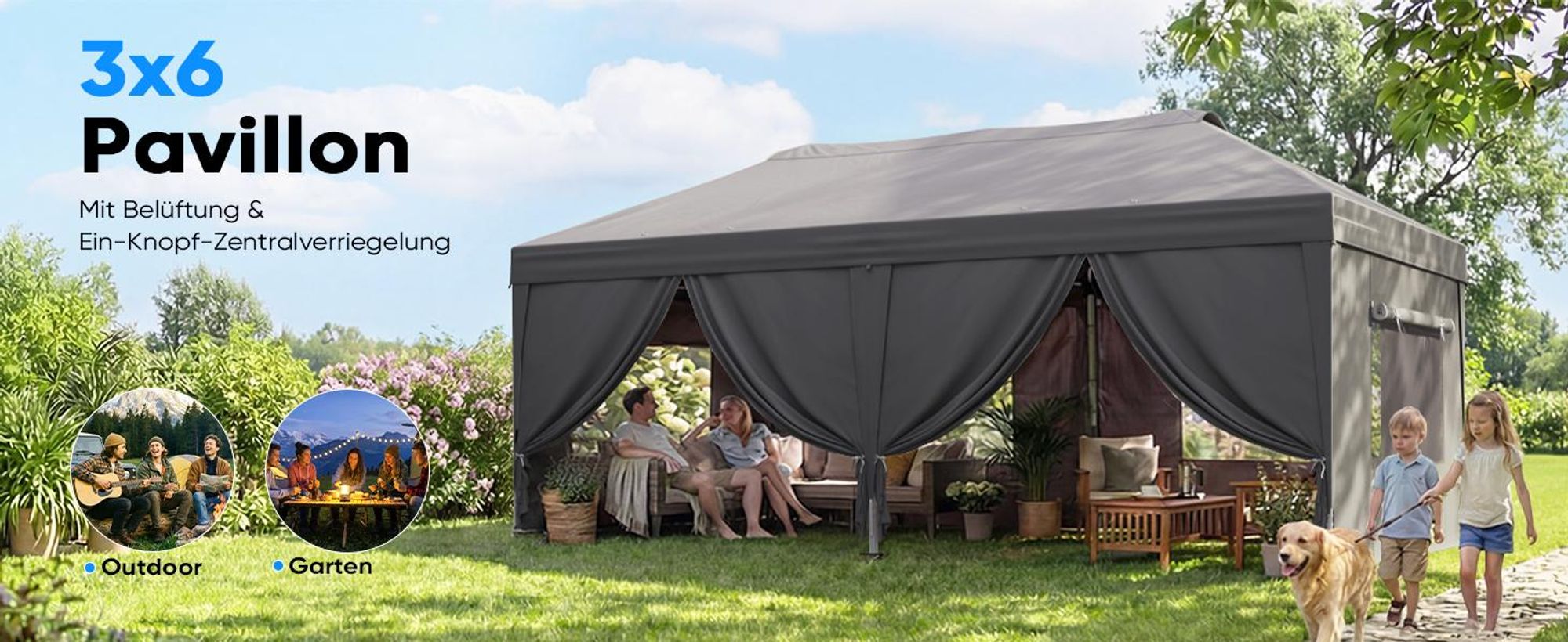 Quictent Pavillon 3x6m Faltpavillon EIN-Tasten-Zentralverriegelung,Wasserdicht UV-beständig, Gartenpavillon faltbar mit 6 Seitenwänden, Grau