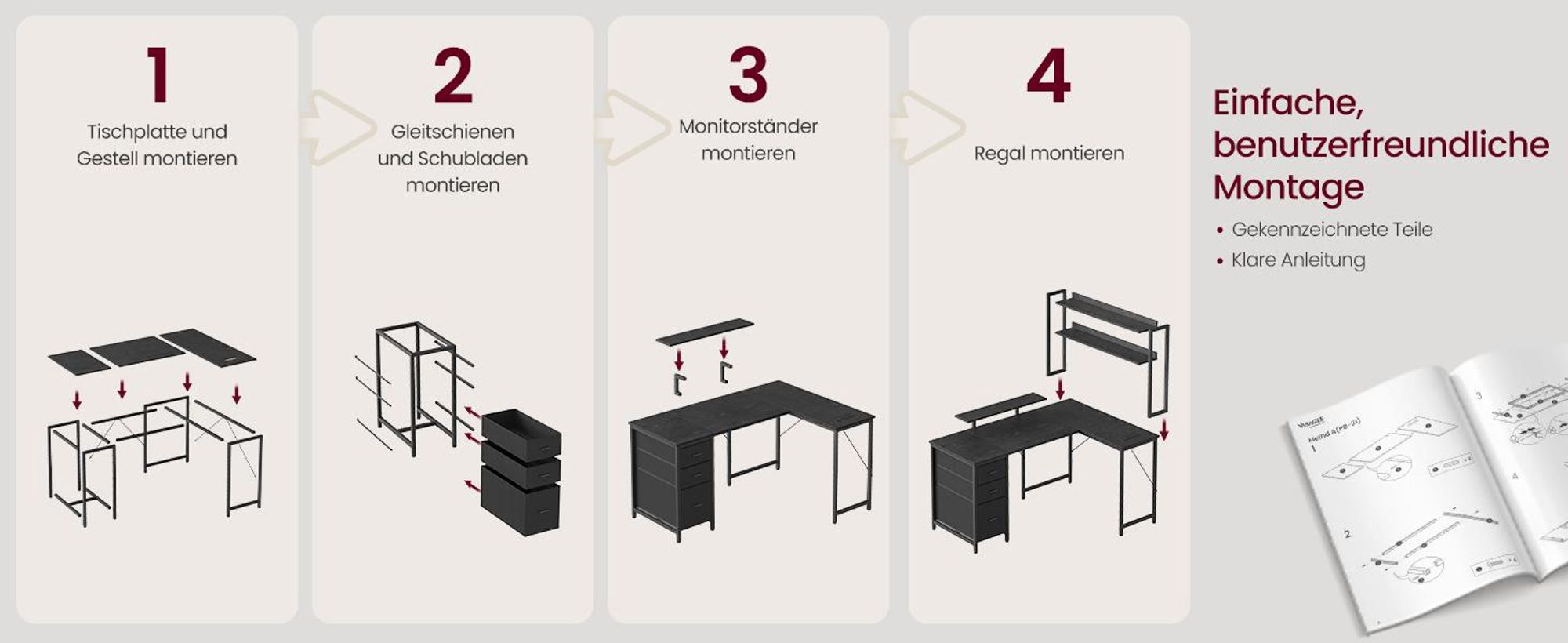 VASAGLE L-Form Schreibtisch mit LED-Beleuchtung, Steckdosen und 3 Schubladen, 140 x 100 x 150 cm, Schwarz