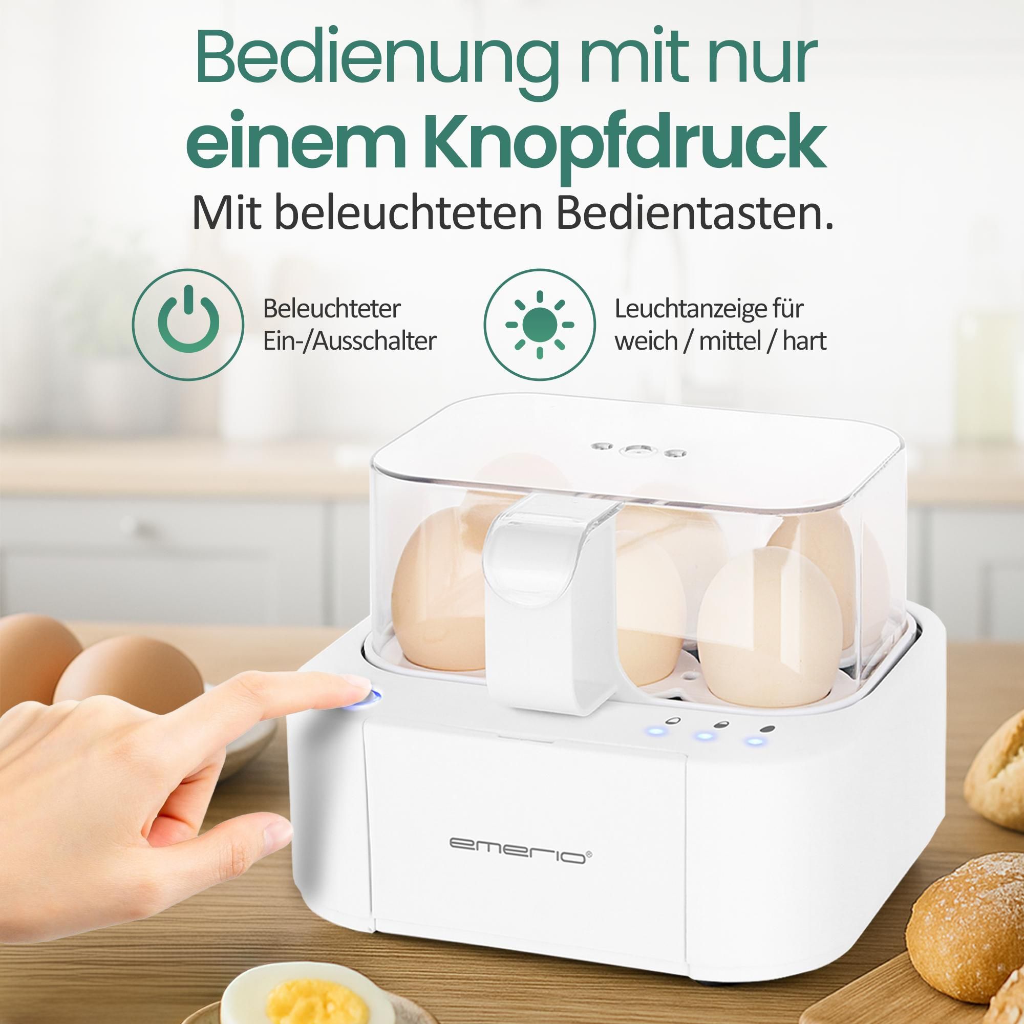 Emerio Smart Eierkocher - 6 Eier, 400W – Sprachansagen mehrsprachig (inkl. Deutsch) – weich/mittel/hart kochen – inklusive Messbecher - EB-115560.14