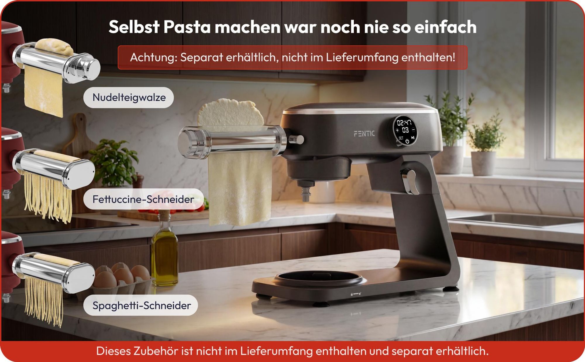 Fentic Küchenmaschine 1800W, 7L Edelstahl-Rührschüssel, Knetmaschine für Brotteig & Pizzateig, Planetenrührwerk, 10 Stufen Timer & Spritzschutz