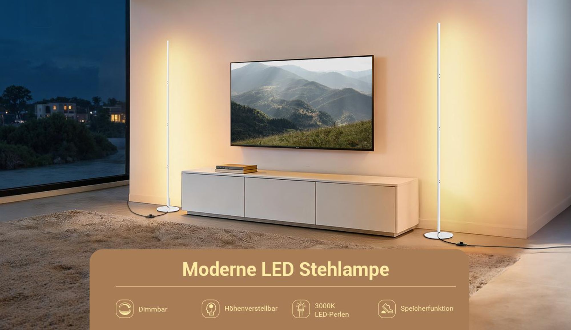 EDISHINE LED Stehlampe Wohnzimmer Dimmbar 2er Set, Stehleuchte höhenverstellbar, Weiß