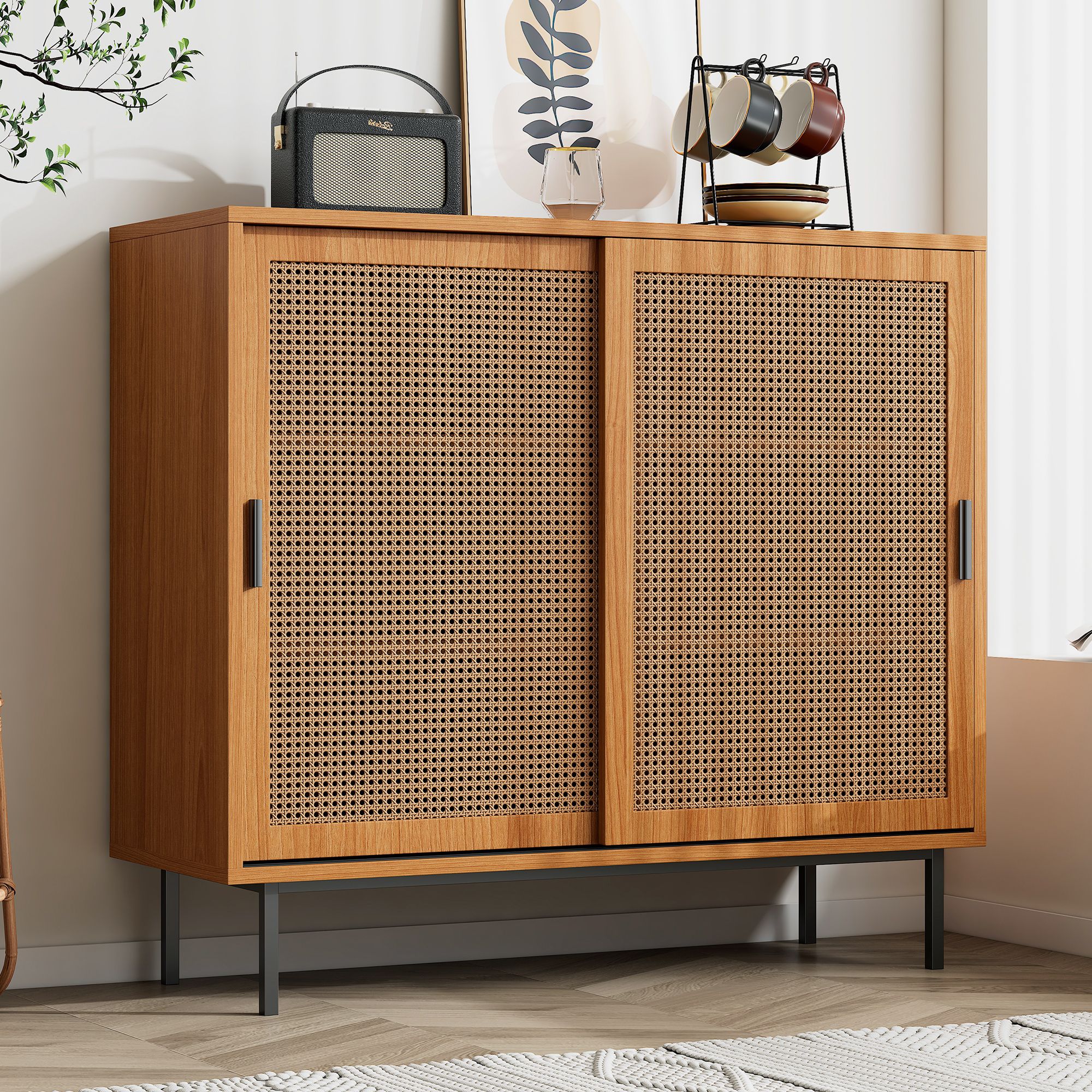 Flieks Rattan Kommode Sideboard mit 2 Schiebetüren, Wohnzimmerschrank Aufbewahrungsschrank Beistellschrank mit Verstellbaren Ablagen, Braun, 100x37x90