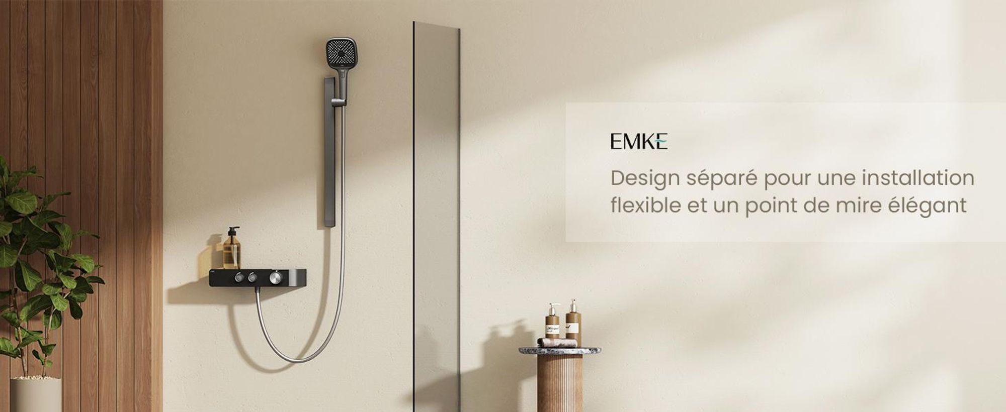 EMKE Système de douche avec thermostat divisé Anthracite mat Réglable en hauteur Barre de douche 3 jets Douchette à main Réglage du débit d'eau Montage flexible